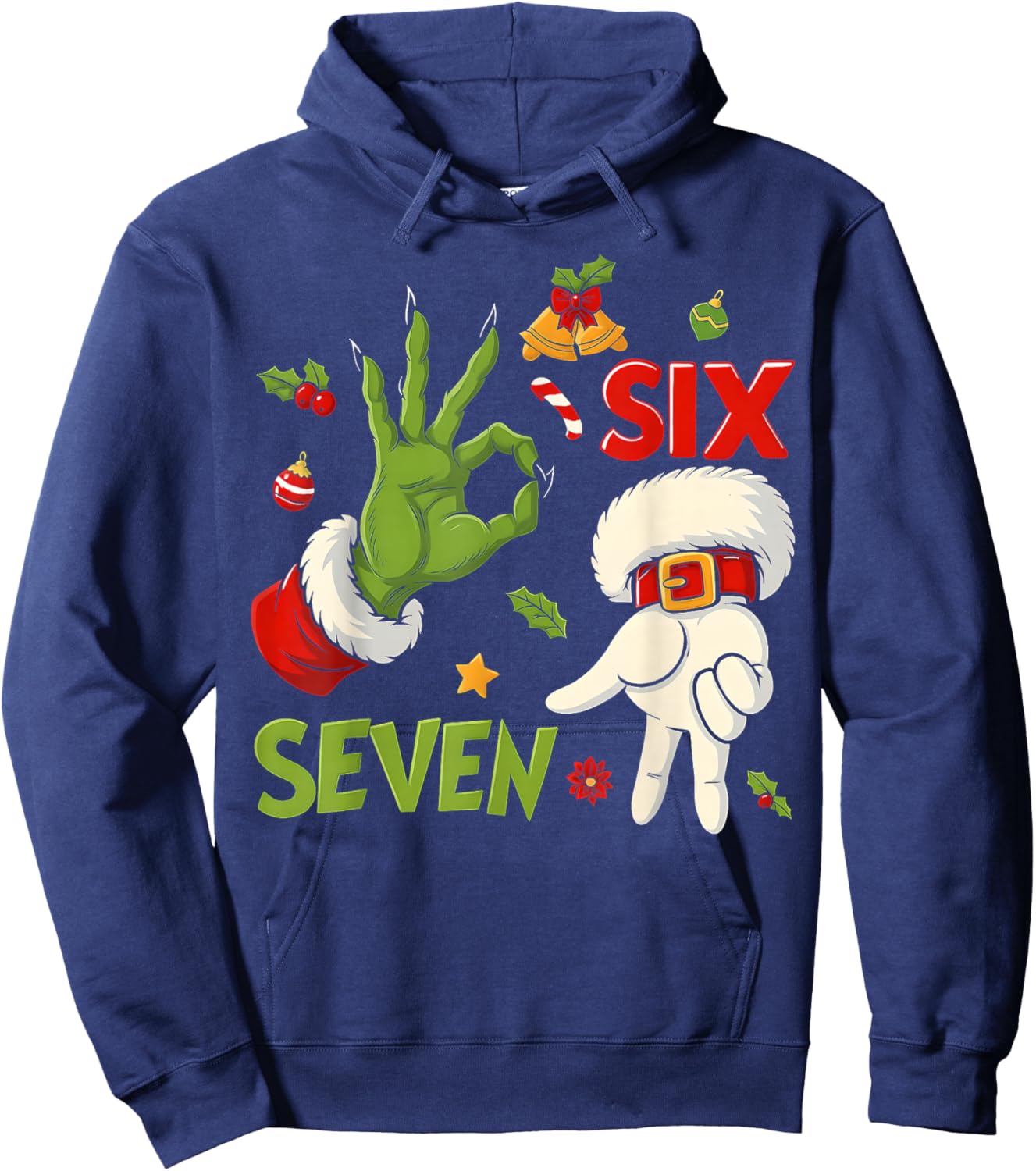 HUGvyn Funny Six Seven Meme Christmas Santa Saying 6 7 Xmas Hoodie - Hoodie | Navy