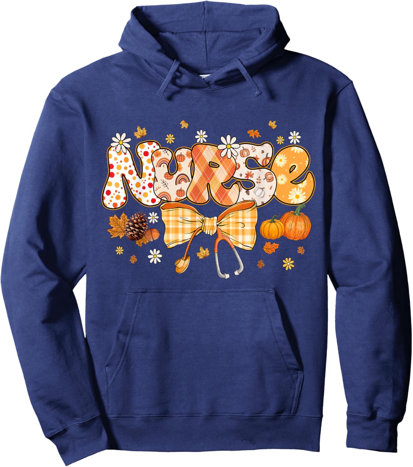 Retro Pumpkin Nurse Life Stethoscope Fall Happy Thanksgiving Hoodie - Hoodie | Navy