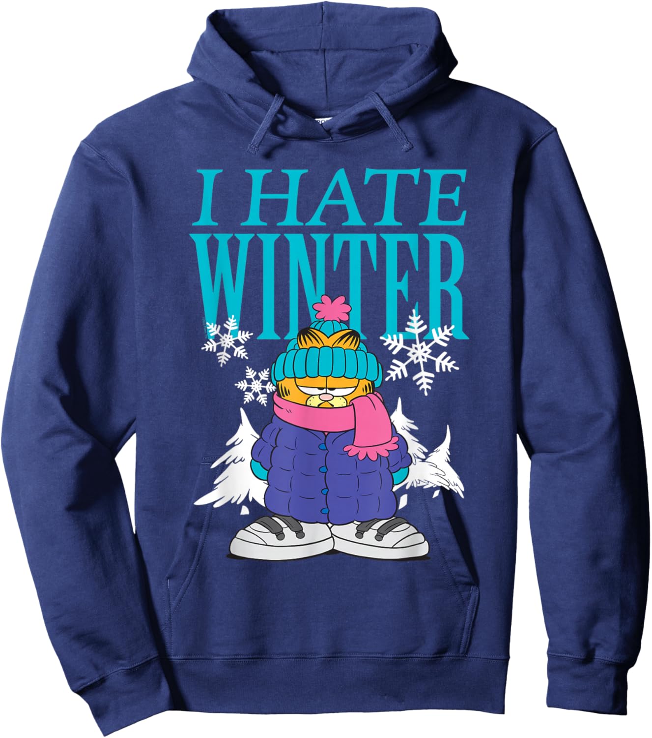 Garfield I Hate Winter Bundled Up in Snow Retro Cartoon Hoodie - Hoodie | Navy