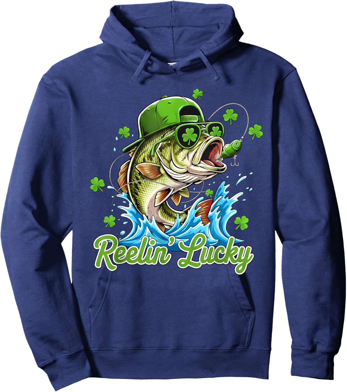 Reelin' Lucky Bass Fishing Fisherman St Patricks Day Hoodie - Hoodie | Navy