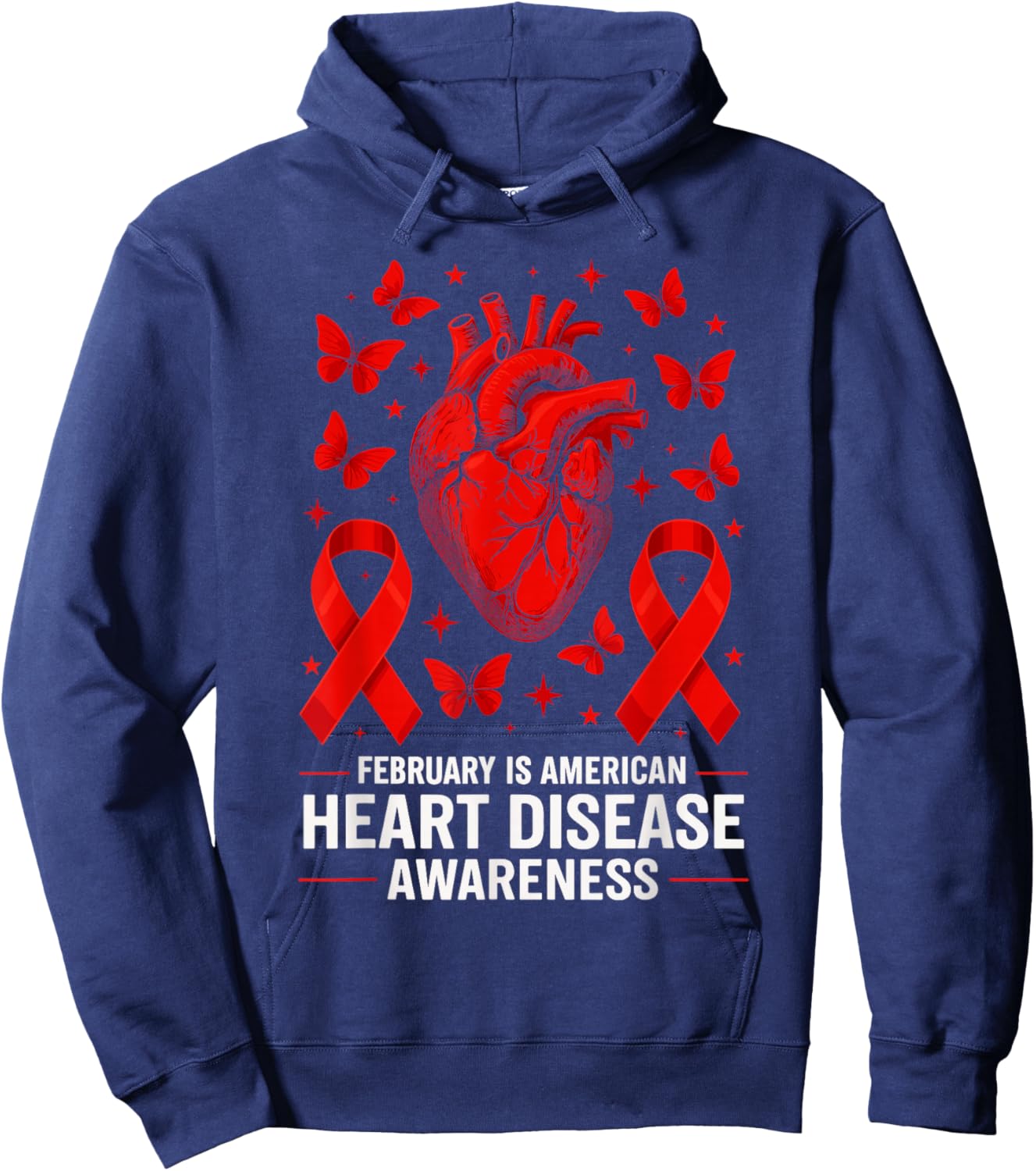 American Heart Disease Awareness Month Ribbon Red Heart Hoodie - Hoodie | Navy