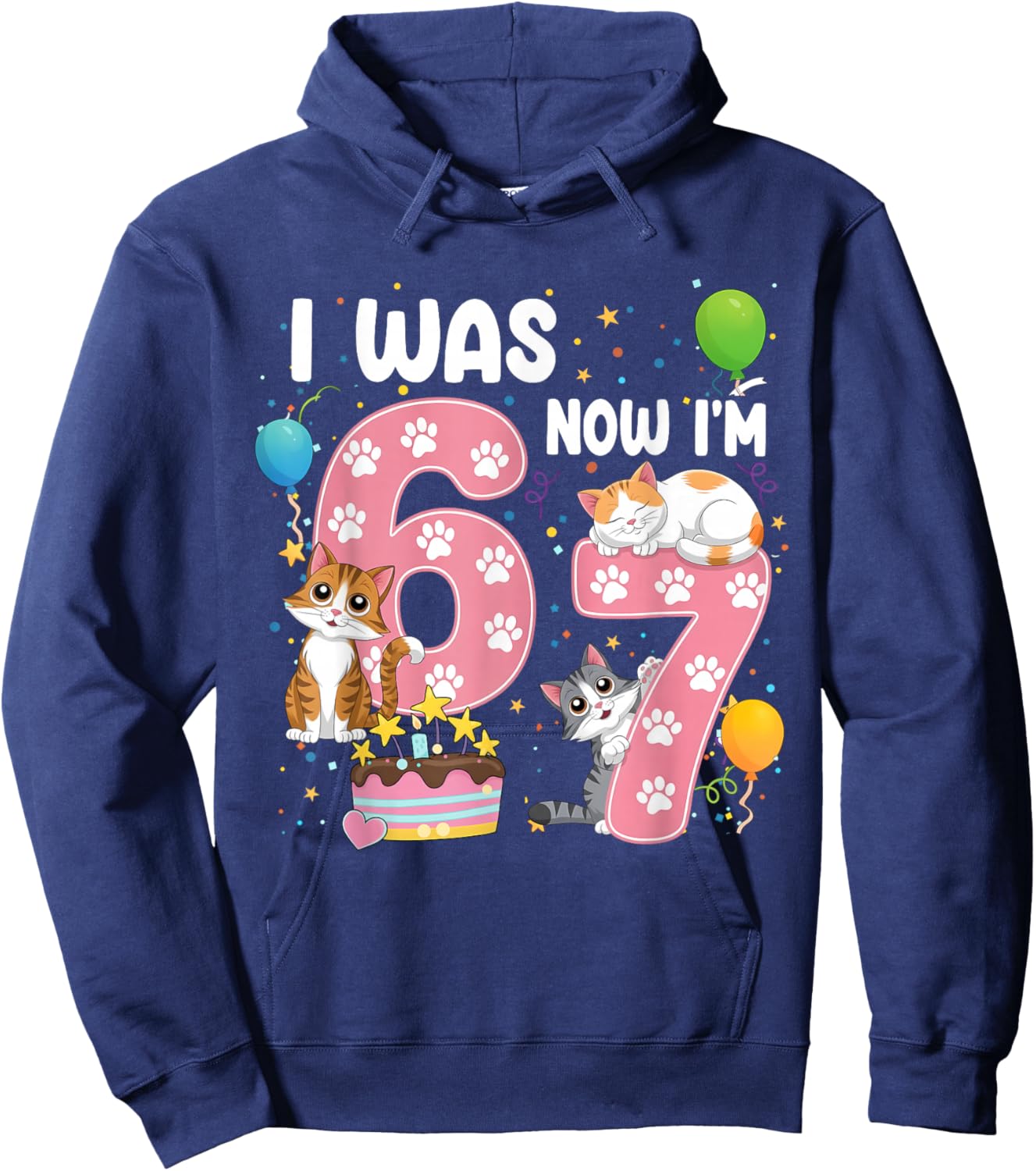 I was 6 Now I'm 7 Kids 7th Cat Birthday Girl Cute Cat Kitten Hoodie - Hoodie | Navy
