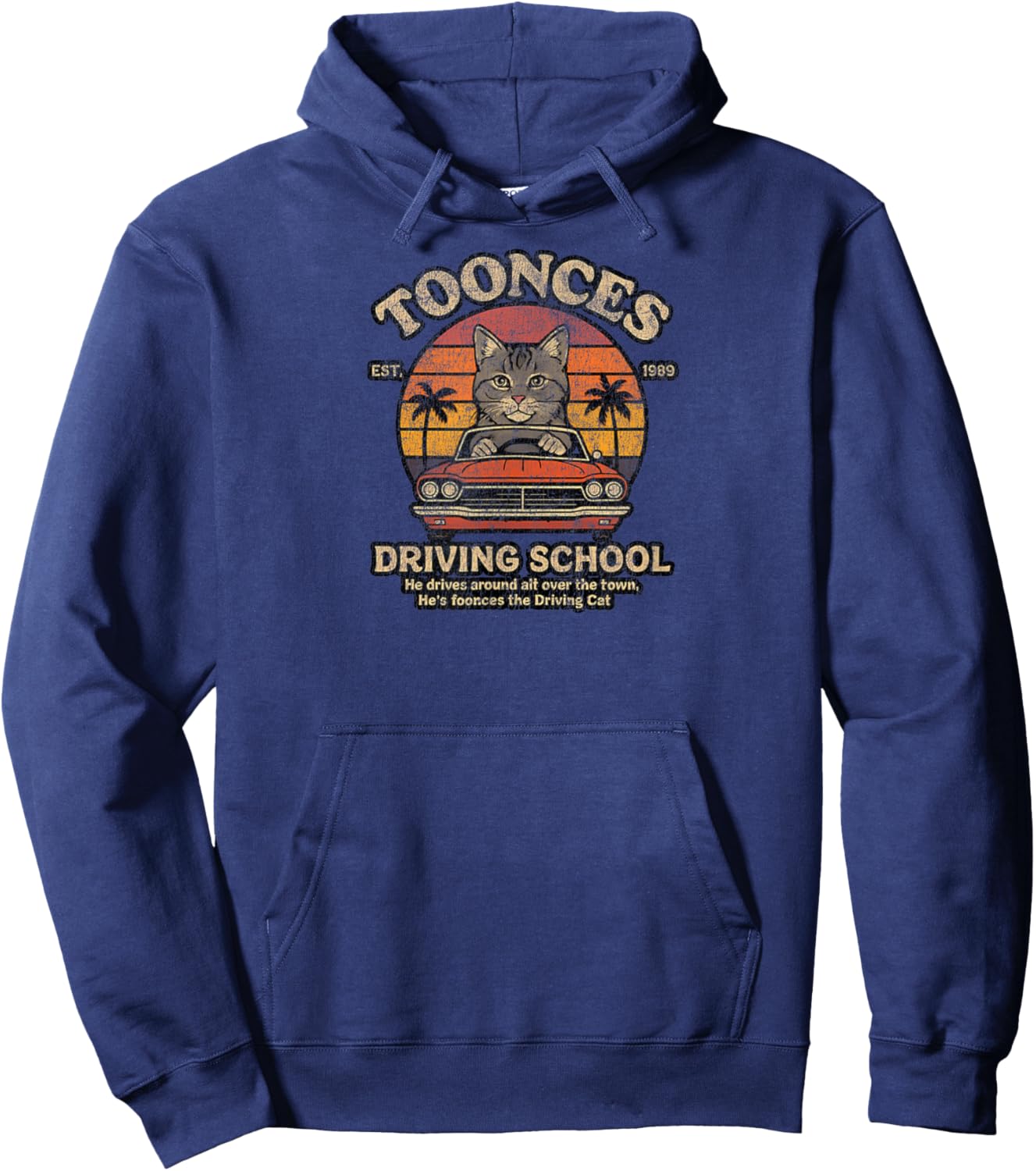 Vintage Toonces The Cat in A Cool Sunset Ride Driving School Hoodie - Hoodie | Navy