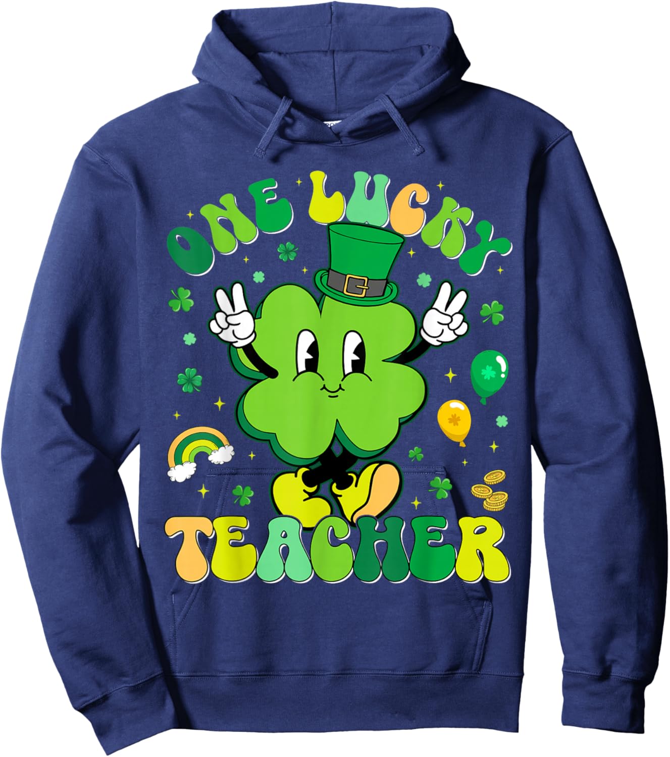 One Lucky Teacher Shamrock Retro Funny St Patricks Men Women Hoodie - Hoodie | Navy