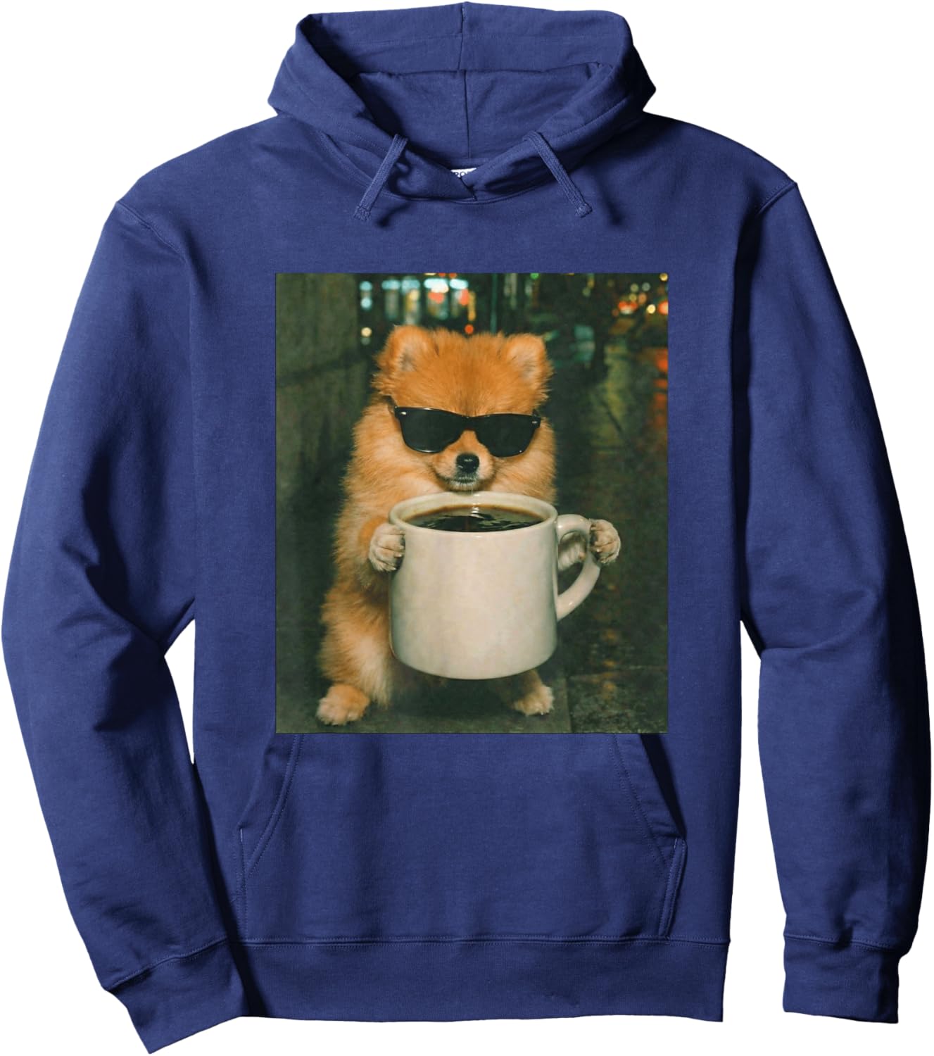 Funny Pomeranian Drinking Coffee Meme Retro Urban Gen Z Hoodie - Hoodie | Navy