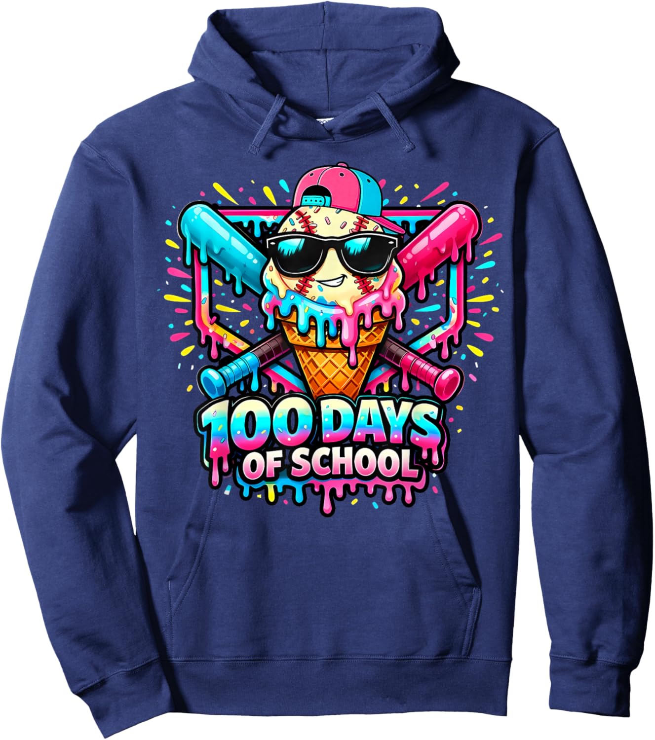 Baseball Ice Cream Drip 100 Days of School Boys Girls 100th Hoodie - Hoodie | Navy