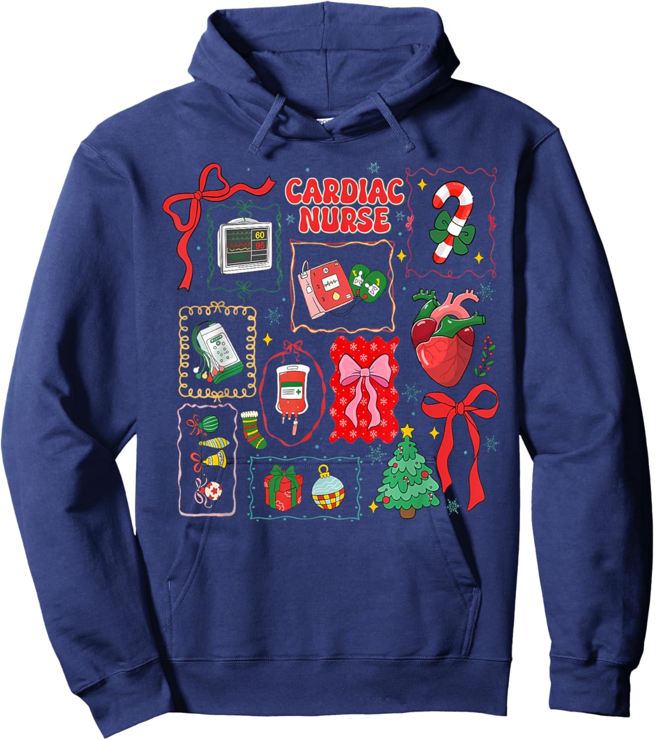 Stamp Bow Christmas Cardiac Nurse Heart Anatomy CVICU Crew Hoodie - Hoodie | Navy