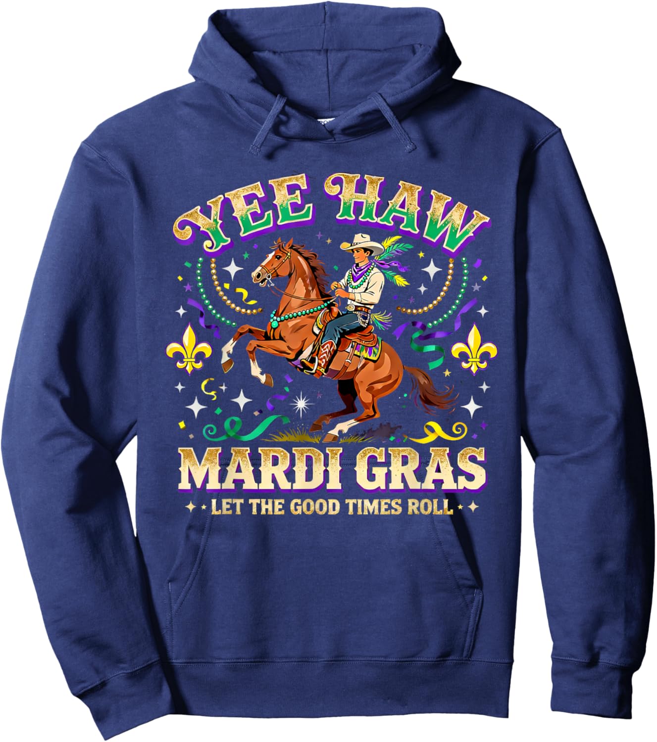 Yee Haw Mardi Gras Cowboy Horse Carnival Design Hoodie - Hoodie | Navy