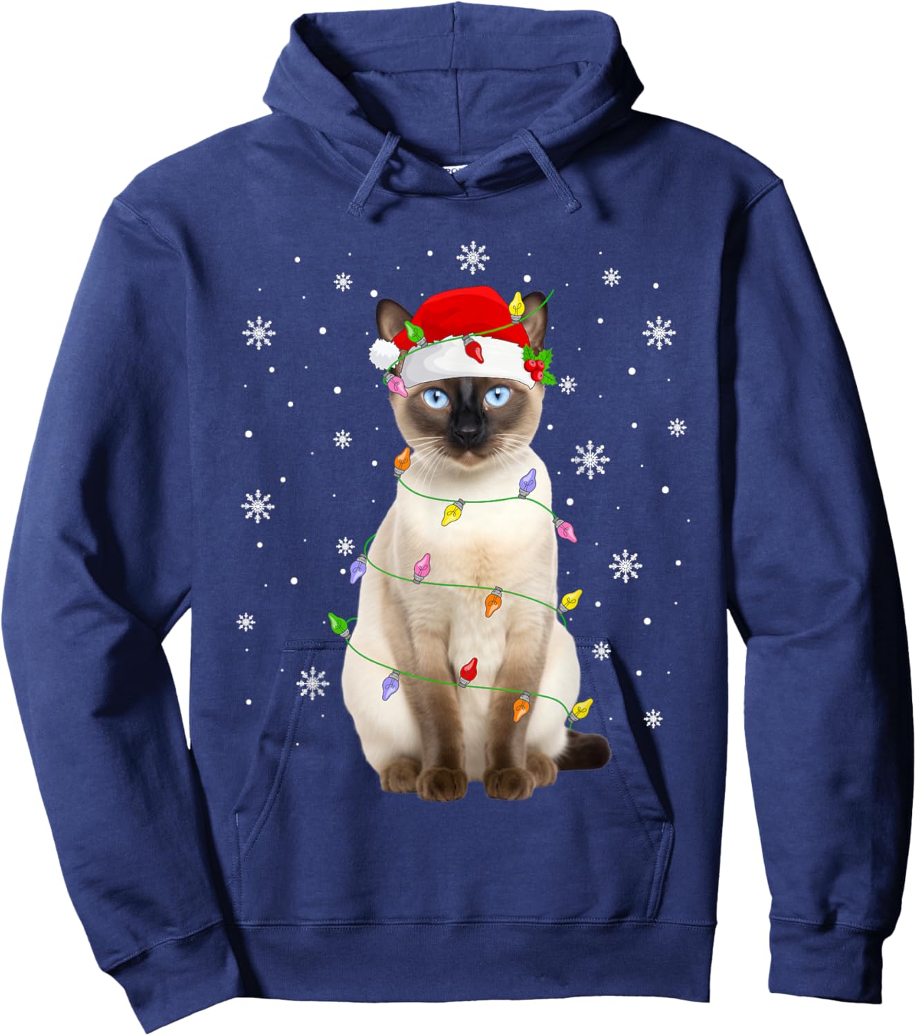Siamese Cat Christmas Lights Funny Santa Hat Cat Lover Xmas Hoodie - Hoodie | Navy