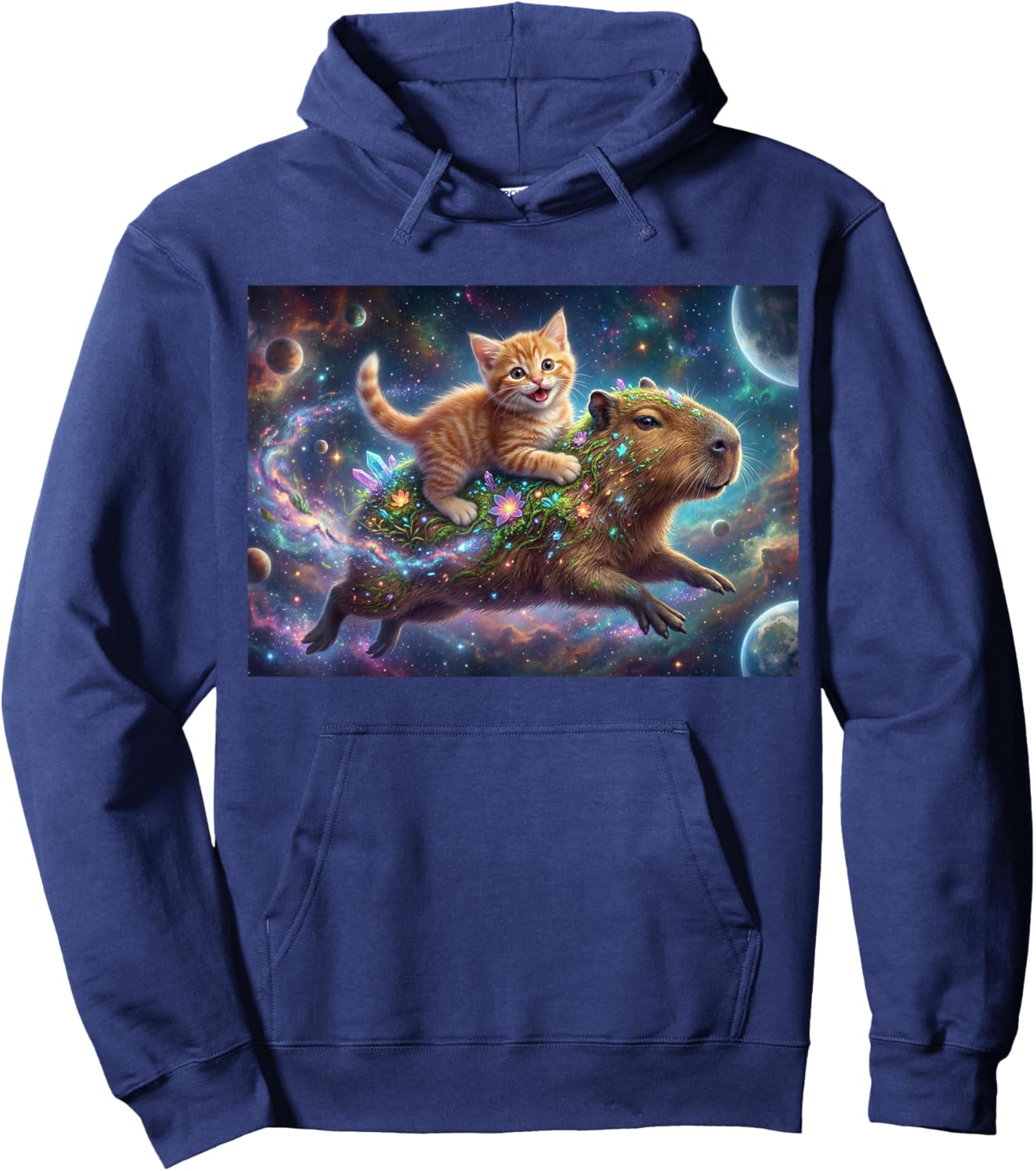 Funny Cat Riding Capybara in Space Galaxy Fantasy Art Hoodie - Hoodie | Navy