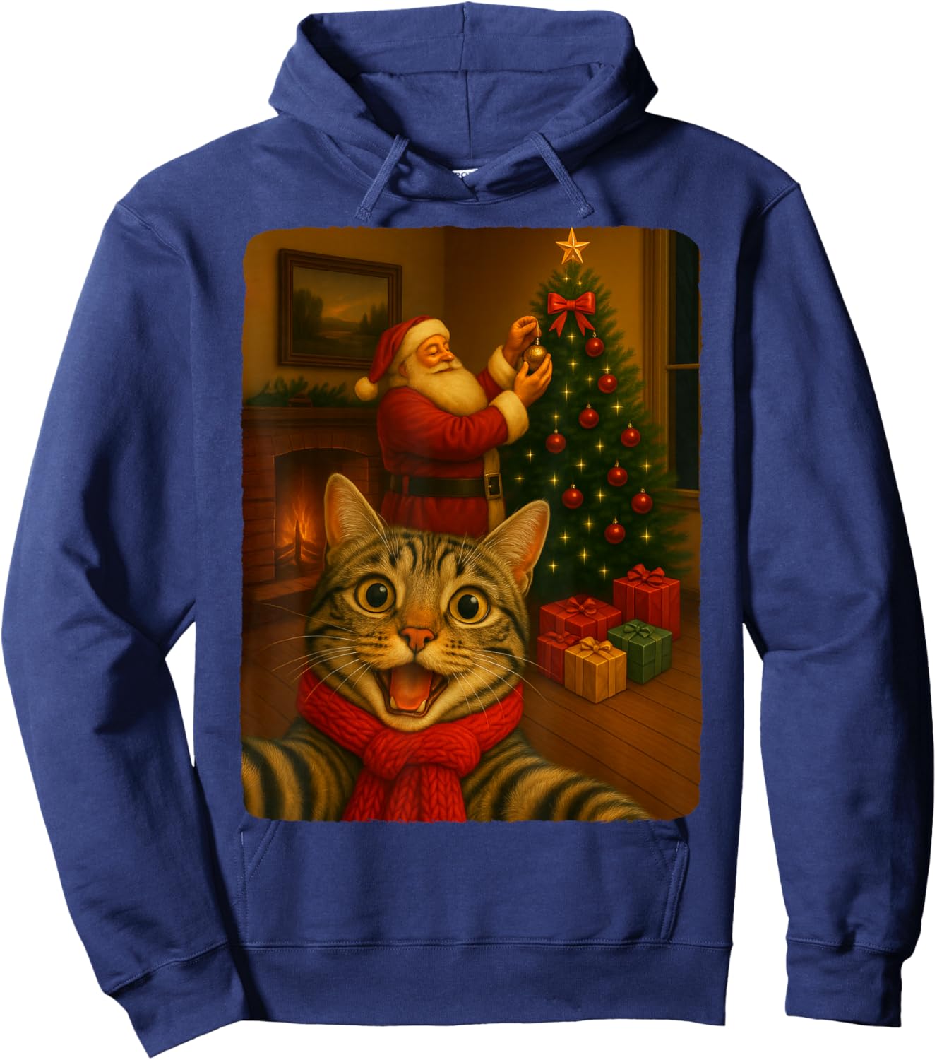 Funny Cute Cat Selfie with Santa Christmas Xmas Women Girl Hoodie - Hoodie | Navy