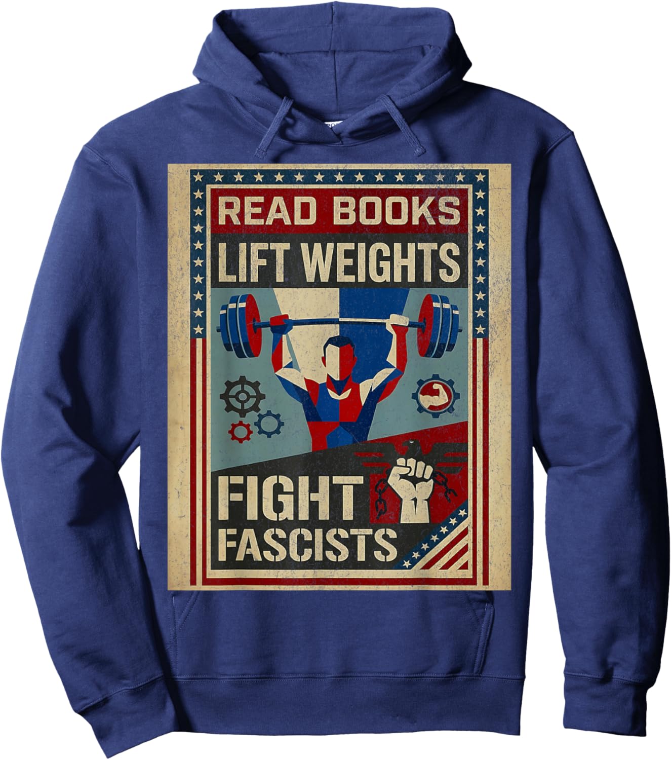 Vintage Style Read Books Lift Weights Fight Fascists Retro Hoodie - Hoodie | Navy