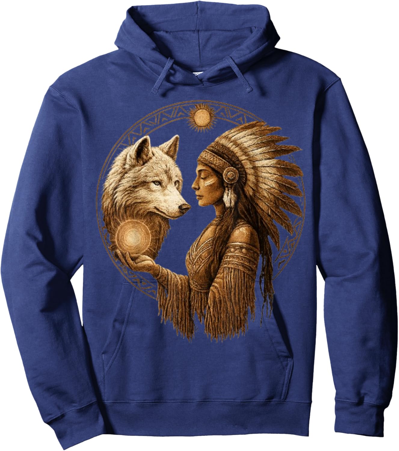 Indian Native American Woman with White Wolf Vintage Gifts Hoodie - Hoodie | Navy