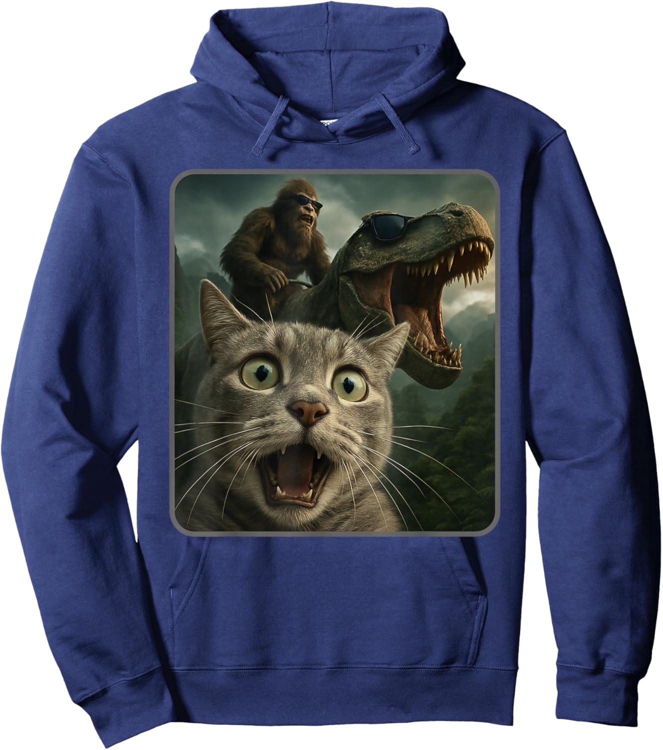 Funny Cat Selfie with Bigfoot Riding T-Rex Meme Hoodie - Hoodie | Navy