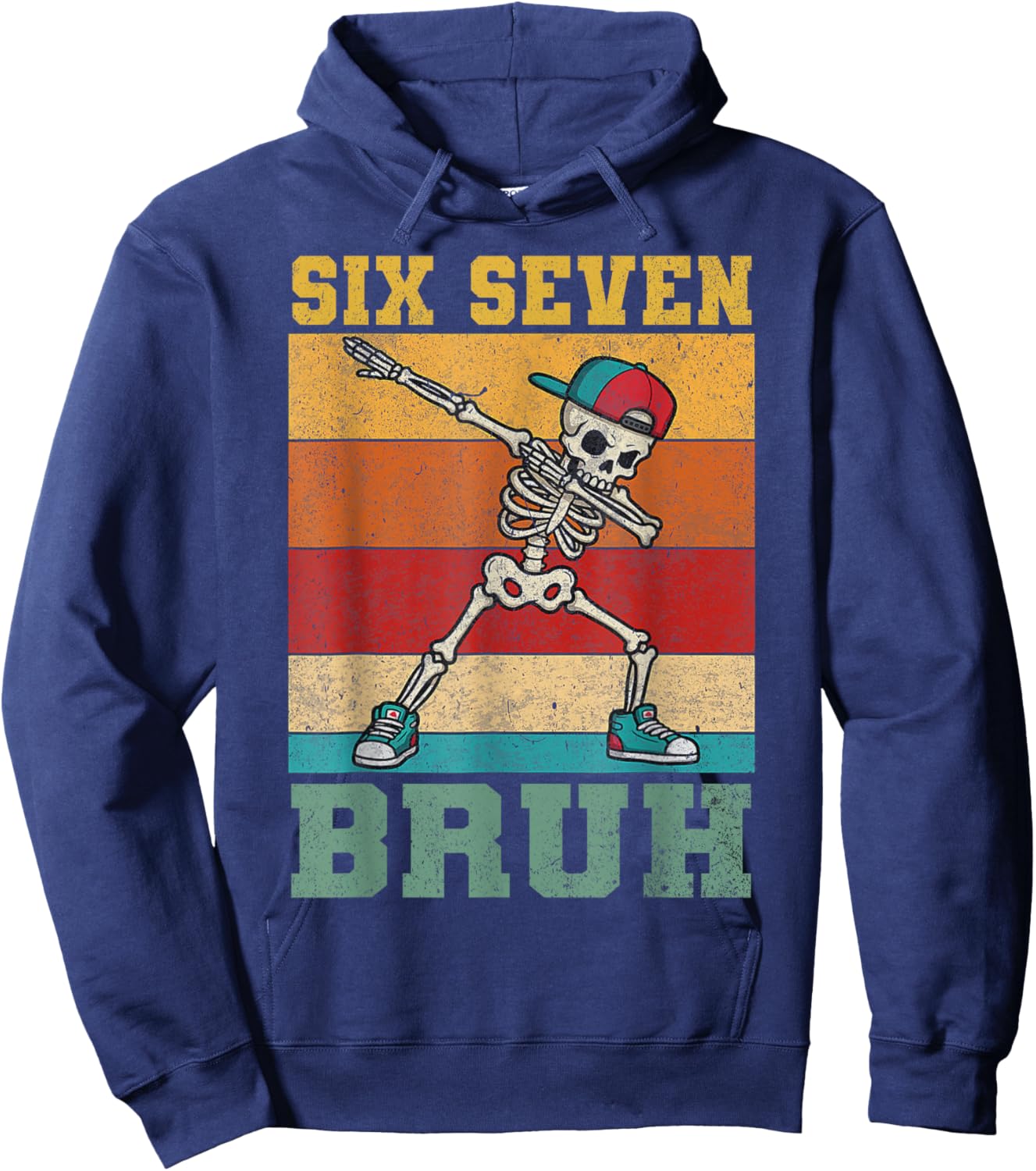 Six Seven 6 7 Bruh Skeleton Dabbing Boys Kids Vintage Meme Hoodie - Hoodie | Navy