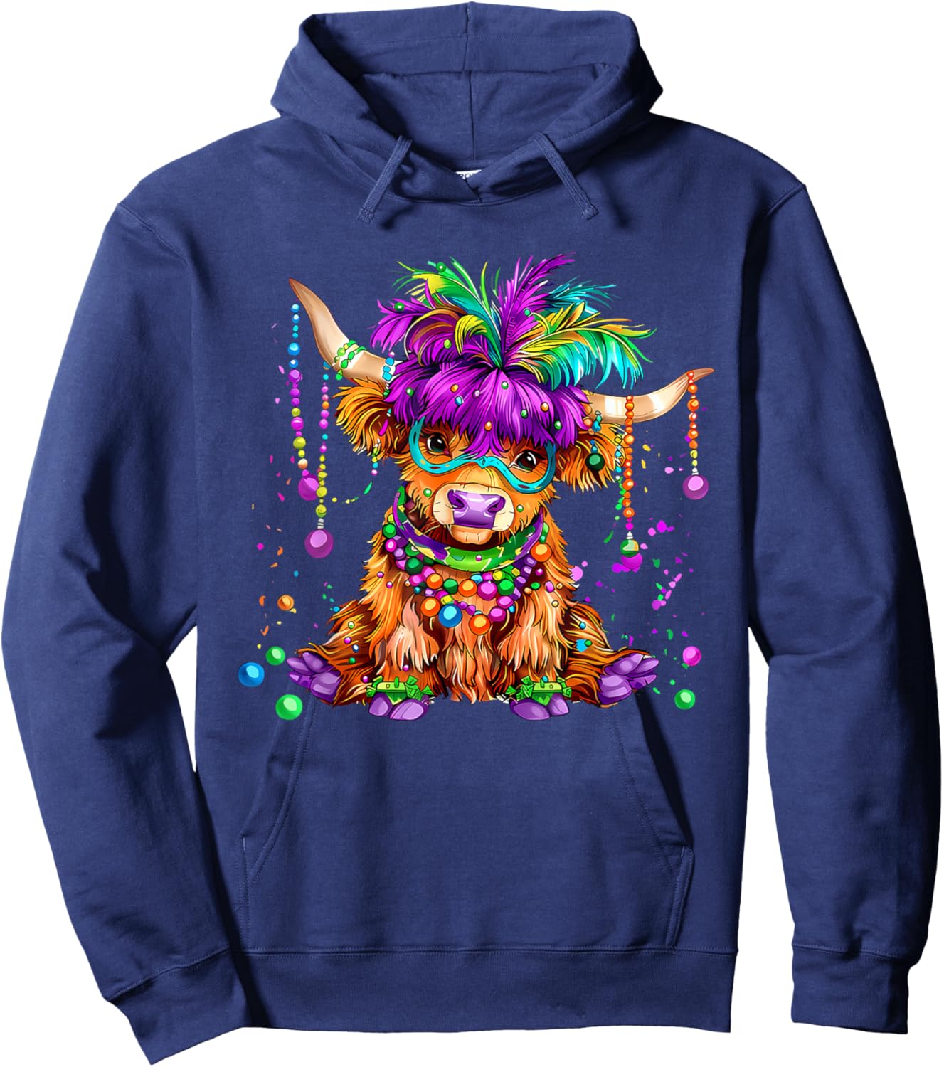 Cute Mardi Gras Highland Cow Moody Gras Women Girl Kid Hoodie - Hoodie | Navy