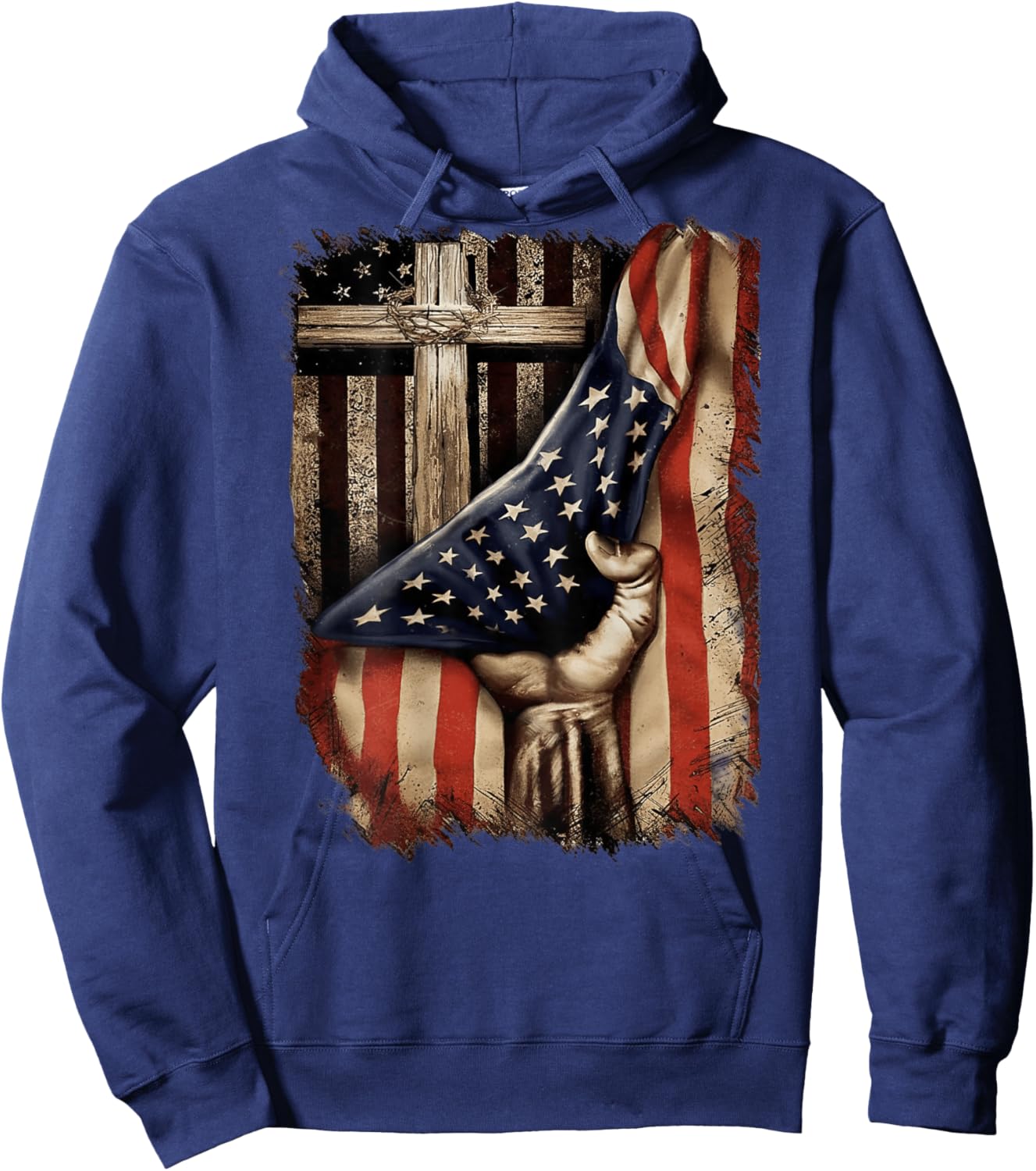 American USA Flag Christian Cross Patriotic (On Back) Hoodie - Hoodie | Navy