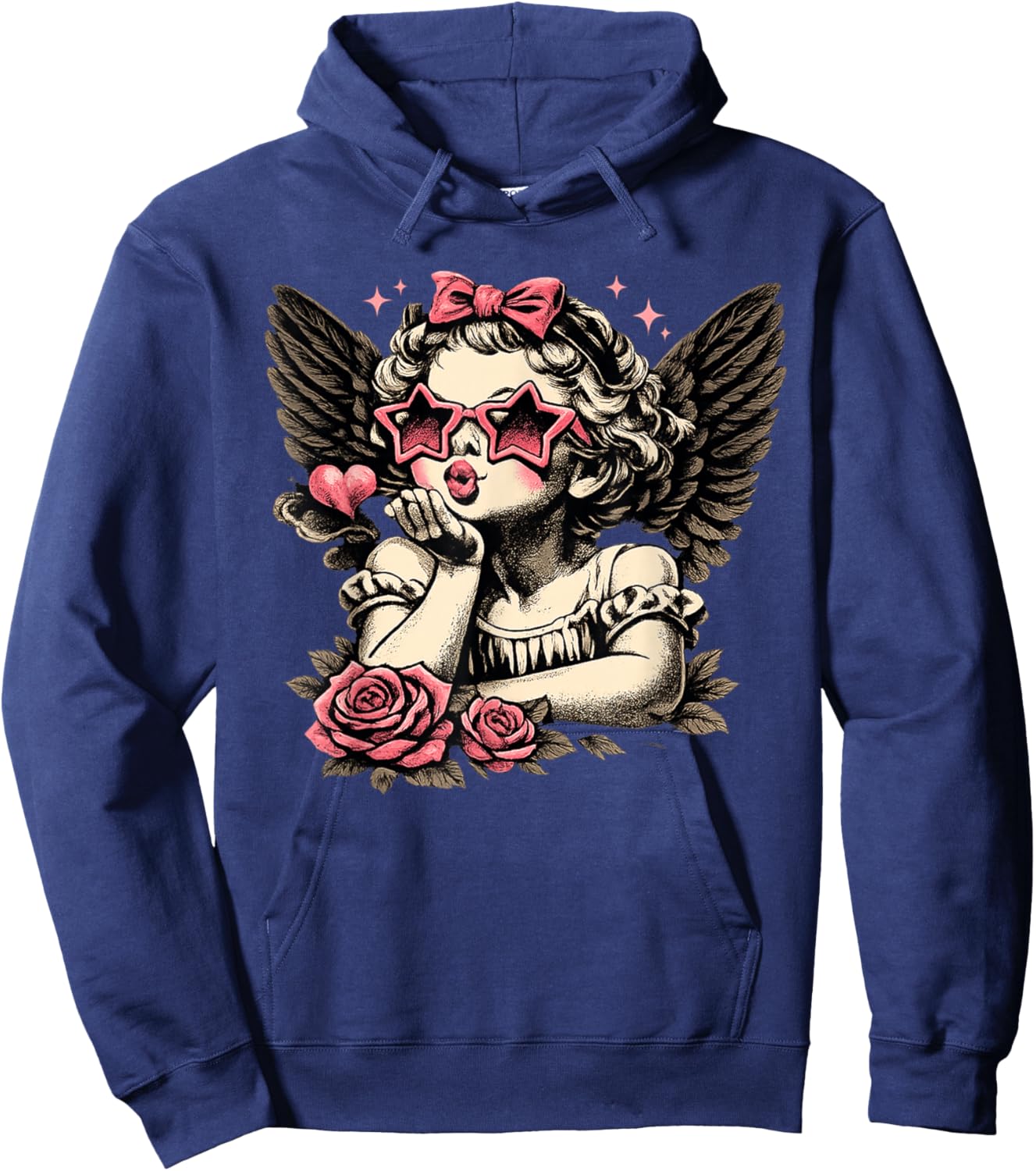 Retro Valentine Day Cute Vintage Cupid Blowing Kiss Star Hoodie - Hoodie | Navy