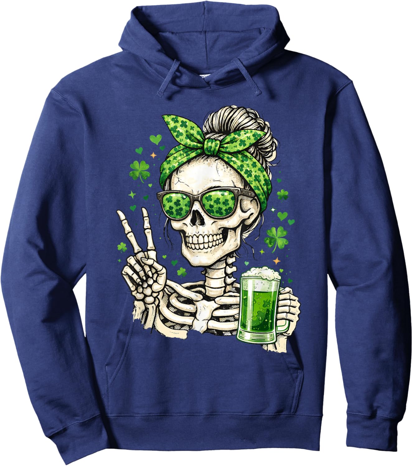 Skull Sunglass Messy Bun Irish Funny St Patrick's Day Women Hoodie - Hoodie | Navy