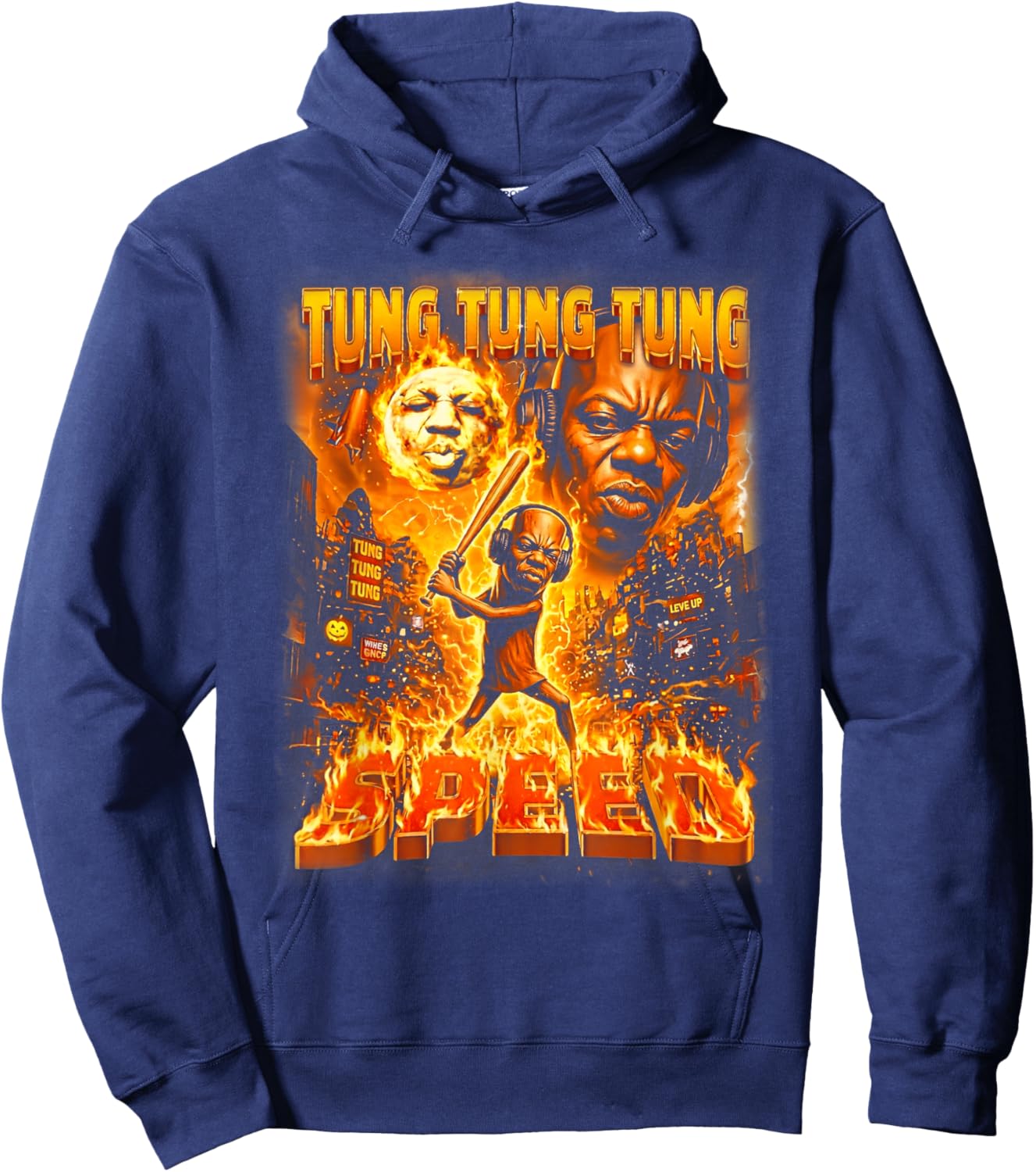Tung Tung Speed Howling to the Speed Moon Face Graphic Hoodie - Hoodie | Navy