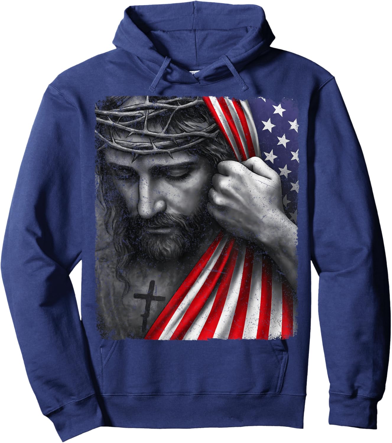 Jesus Faith Cross Crown America Patriotic Heritage Flag Hoodie - Hoodie | Navy