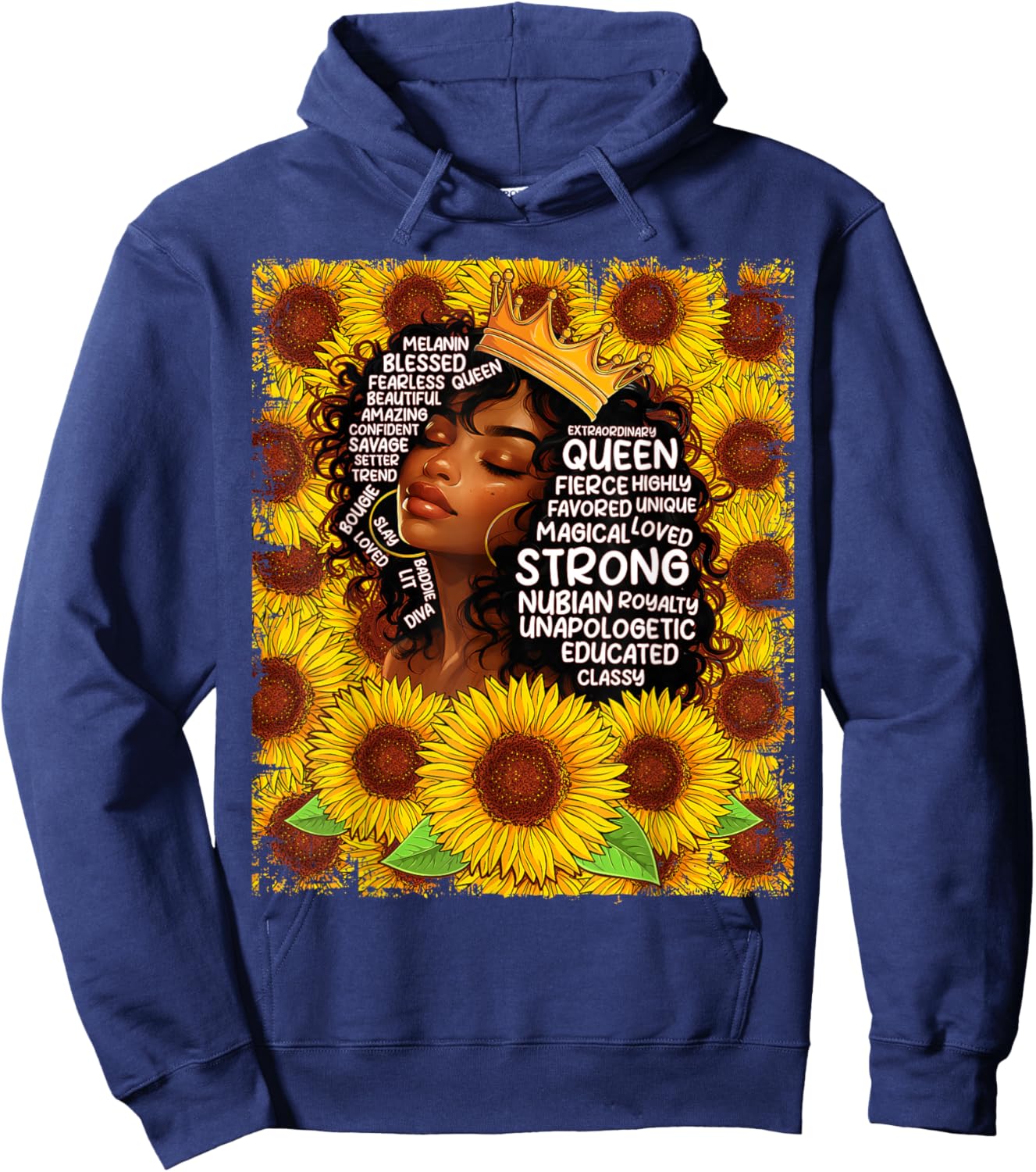 Black History Month Black Queen Afro Women Girls Sunflowers Hoodie - Hoodie | Navy