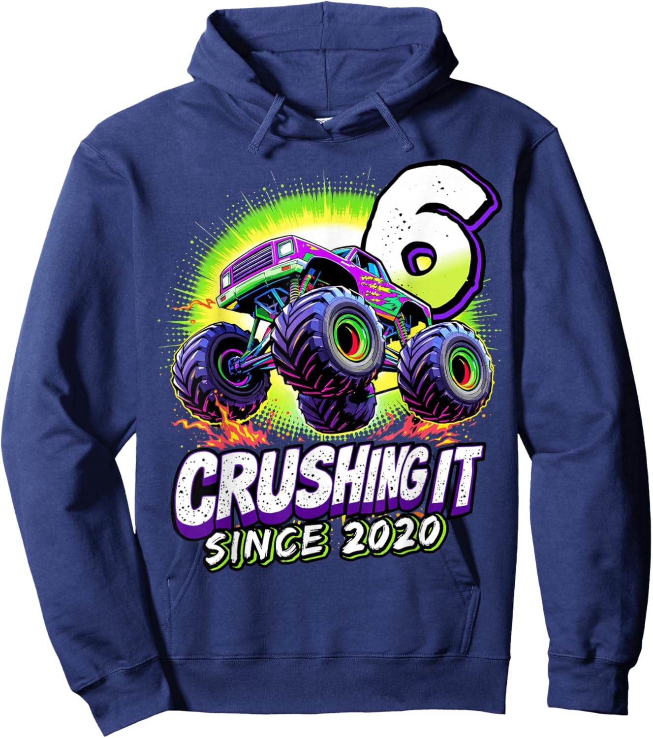 Birthday Monster Truck 6 Year Old Boys 6th Party Born 2020 Hoodie - Hoodie | Navy