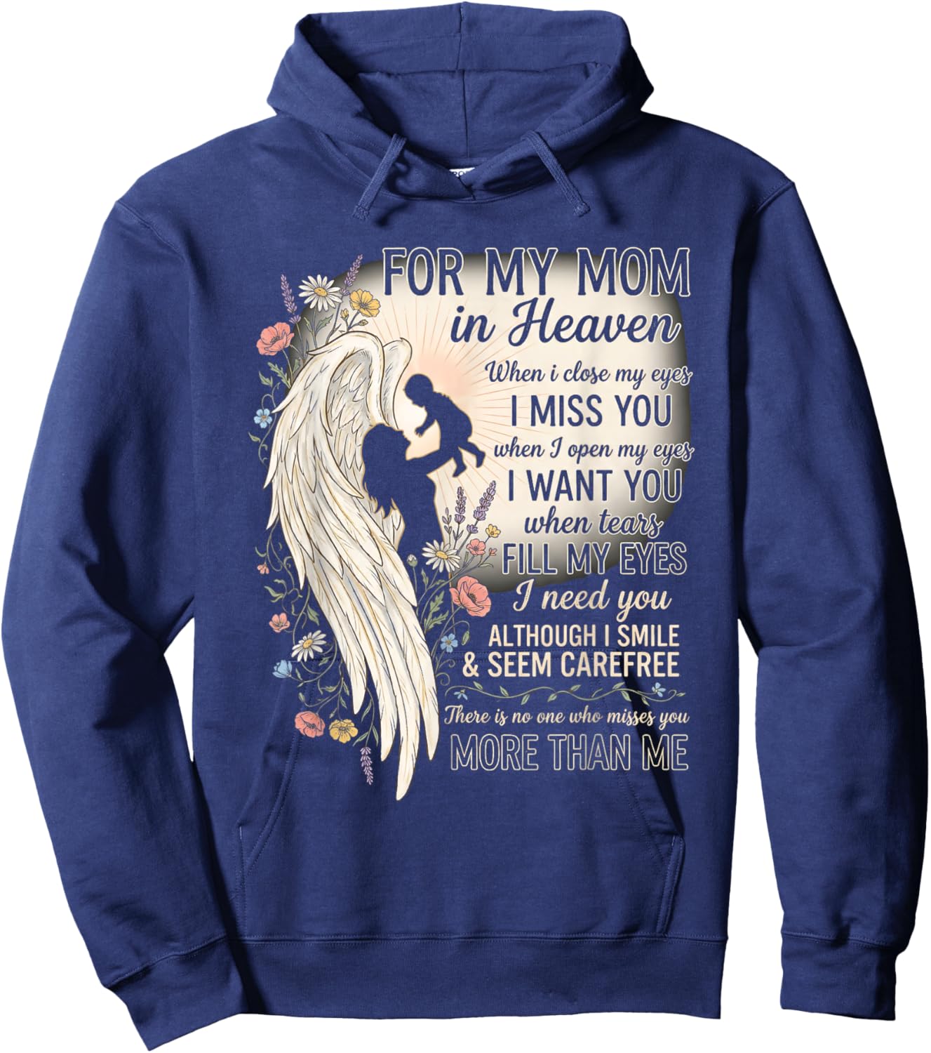 Mom in Heaven Missing You Angel Wings Remembrance Hoodie - Hoodie | Navy