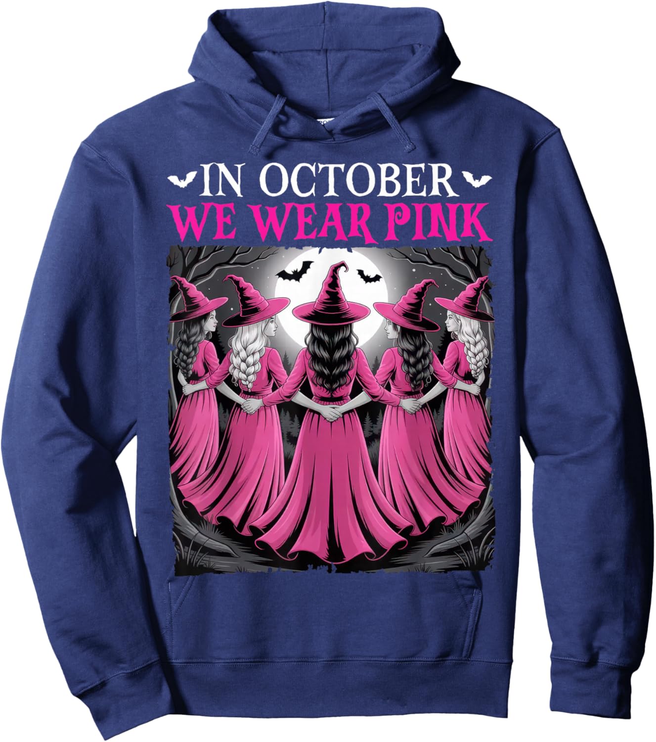 in October We Wear Pink Witch Halloween Breast Cancer Women Hoodie - Hoodie | Navy