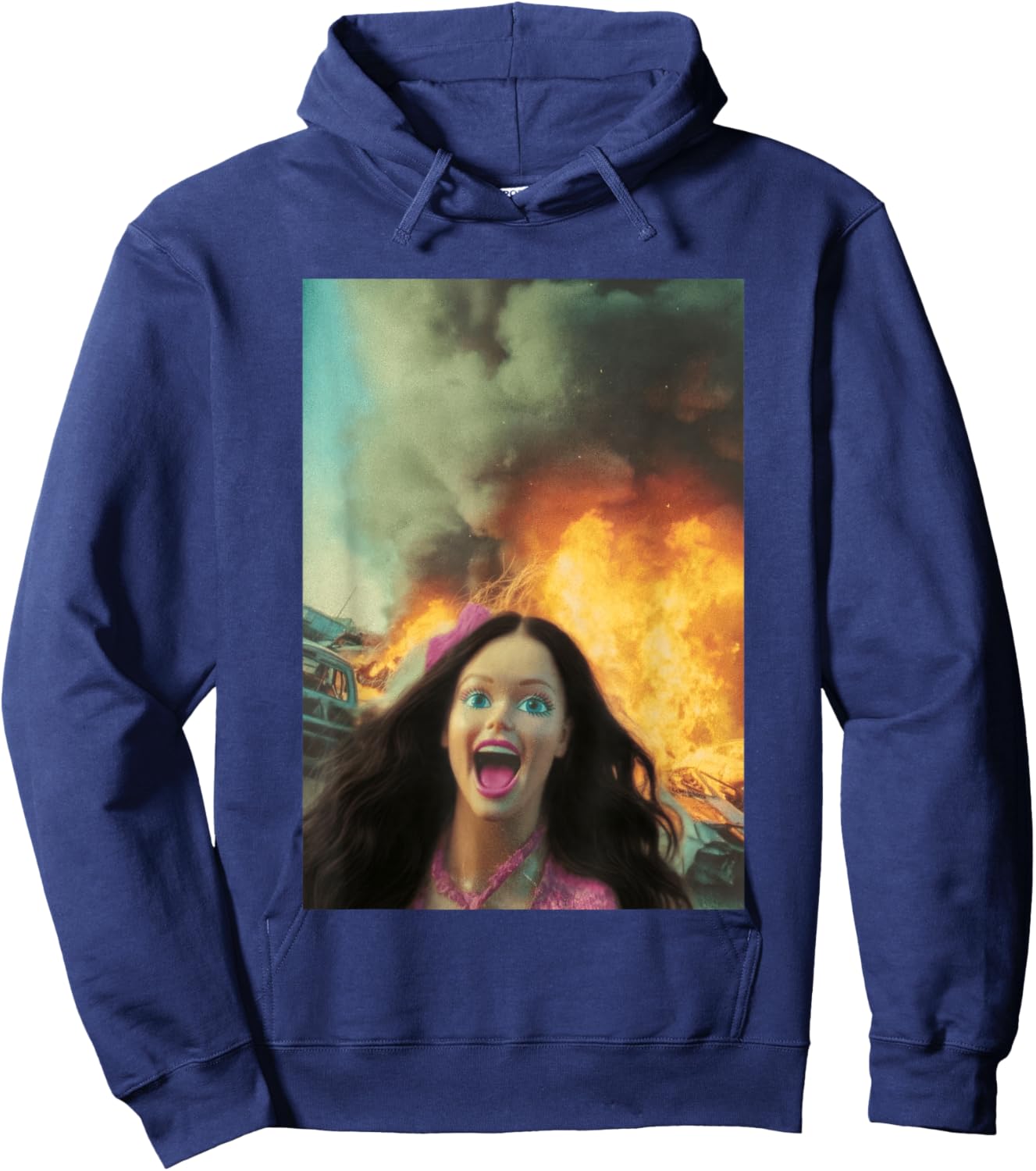 Funny Chaotic Disaster Doll Meme Selfie Background on fire Hoodie - Hoodie | Navy
