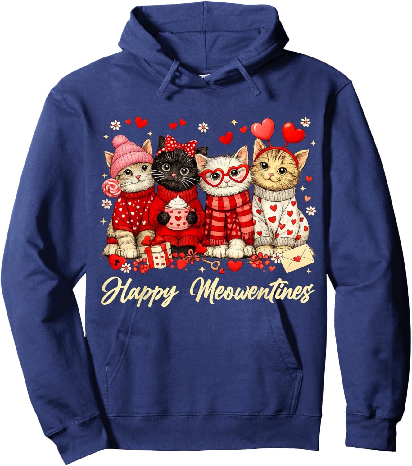 Funny Valentines Day Cats Happy Meowentines Kitten Hearts Hoodie - Hoodie | Navy