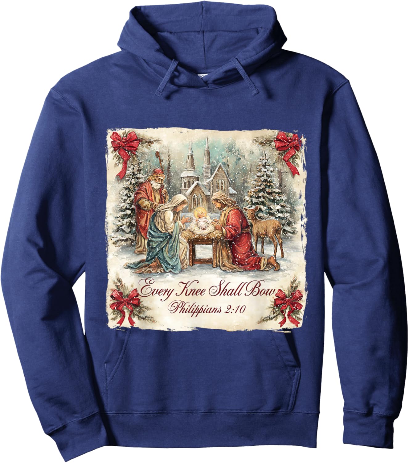 Bow Santa Christmas Nativity Scene Every Knee Shall Xmas Hoodie - Hoodie | Navy