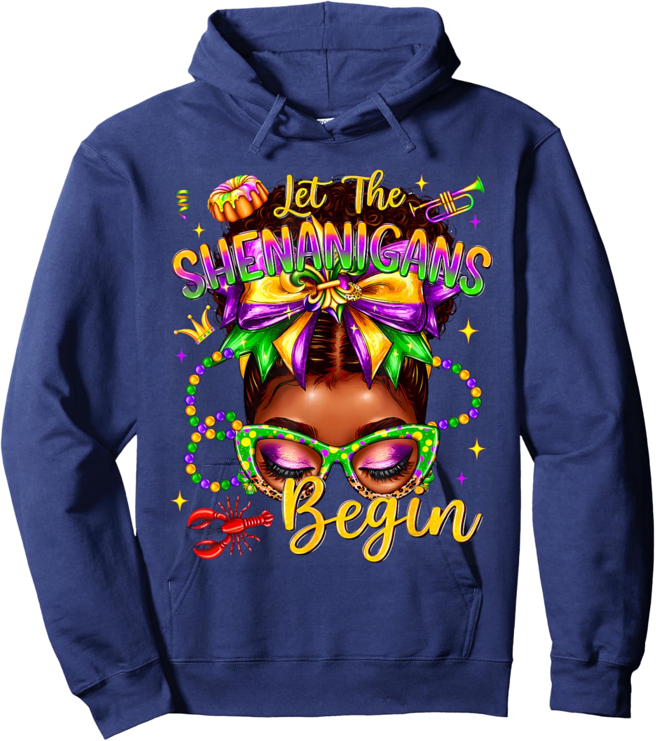 Afro Messy Bun Women Let The Shenanigans Begin Mardi Gras Hoodie - Hoodie | Navy