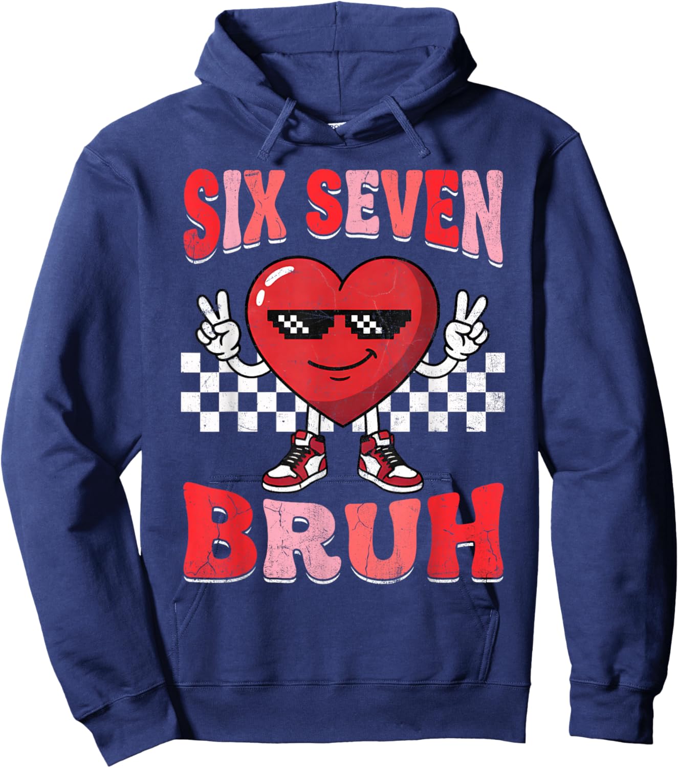 Bruh Six Seven 67 Meme Checkered Valentine’s Day Teens Boys Hoodie - Hoodie | Navy