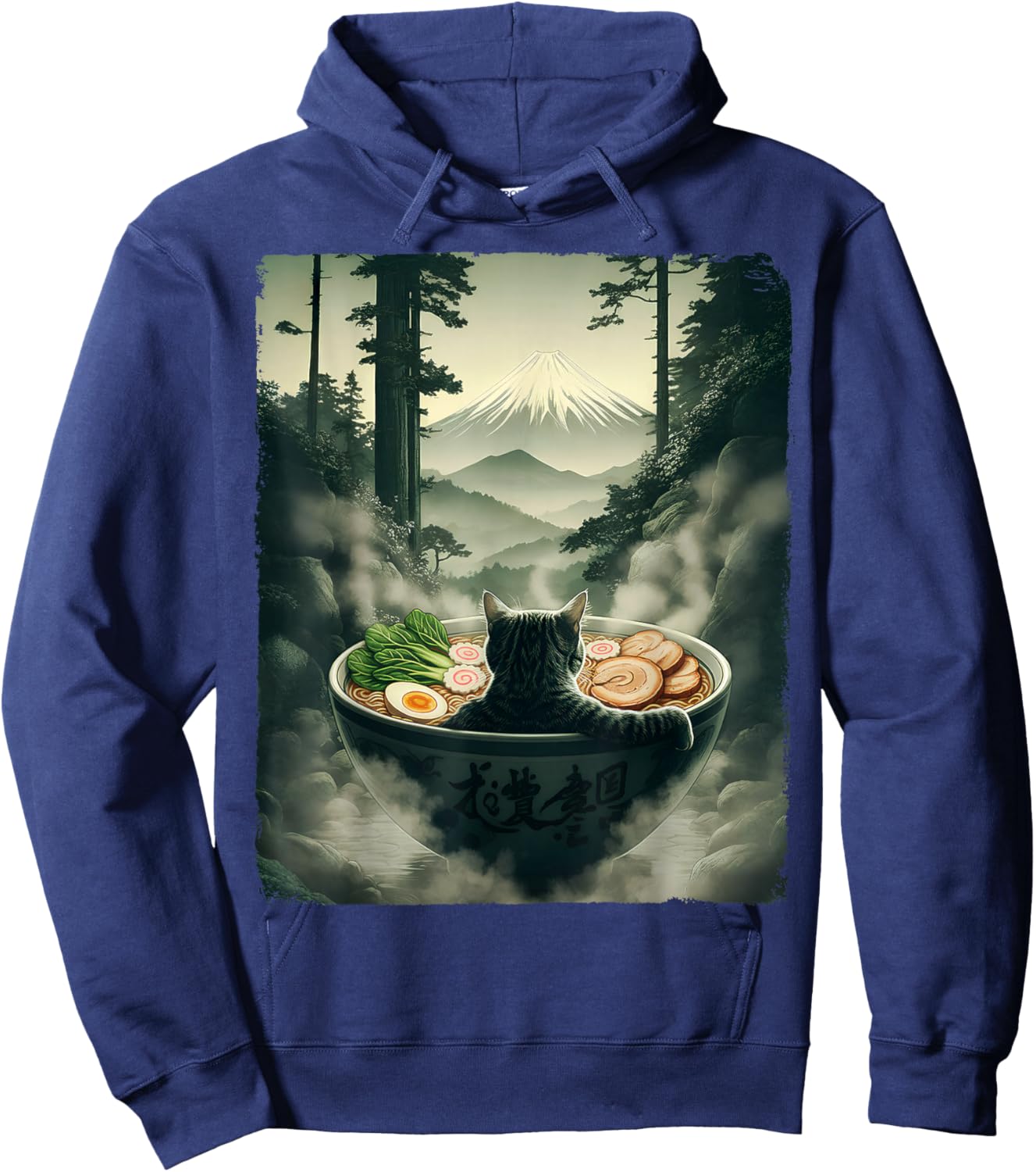 Cat Ramen Mount Fuji Zen Aesthetic Funny Japanese Graphic Hoodie - Hoodie | Navy