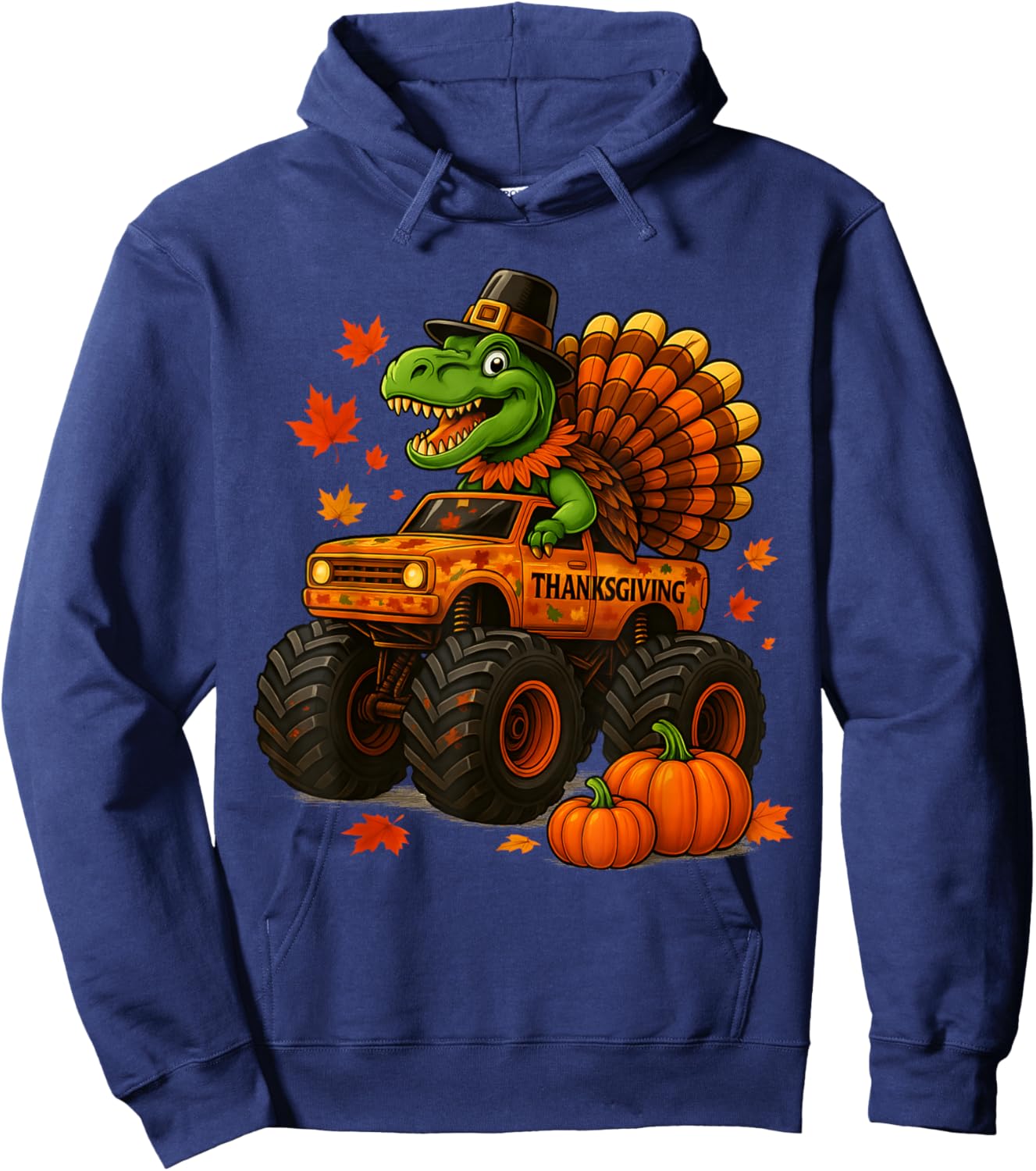 Monster Truck Trex Dinosaur Turkey Fall Thanksgiving Boy Kid Hoodie - Hoodie | Navy