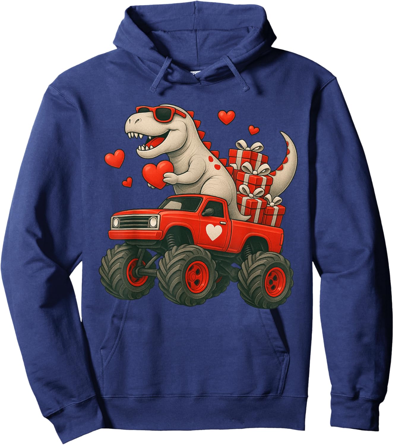 Valentines Day T Rex Riding Monster Truck Funny Toddler Boys Hoodie - Hoodie | Navy