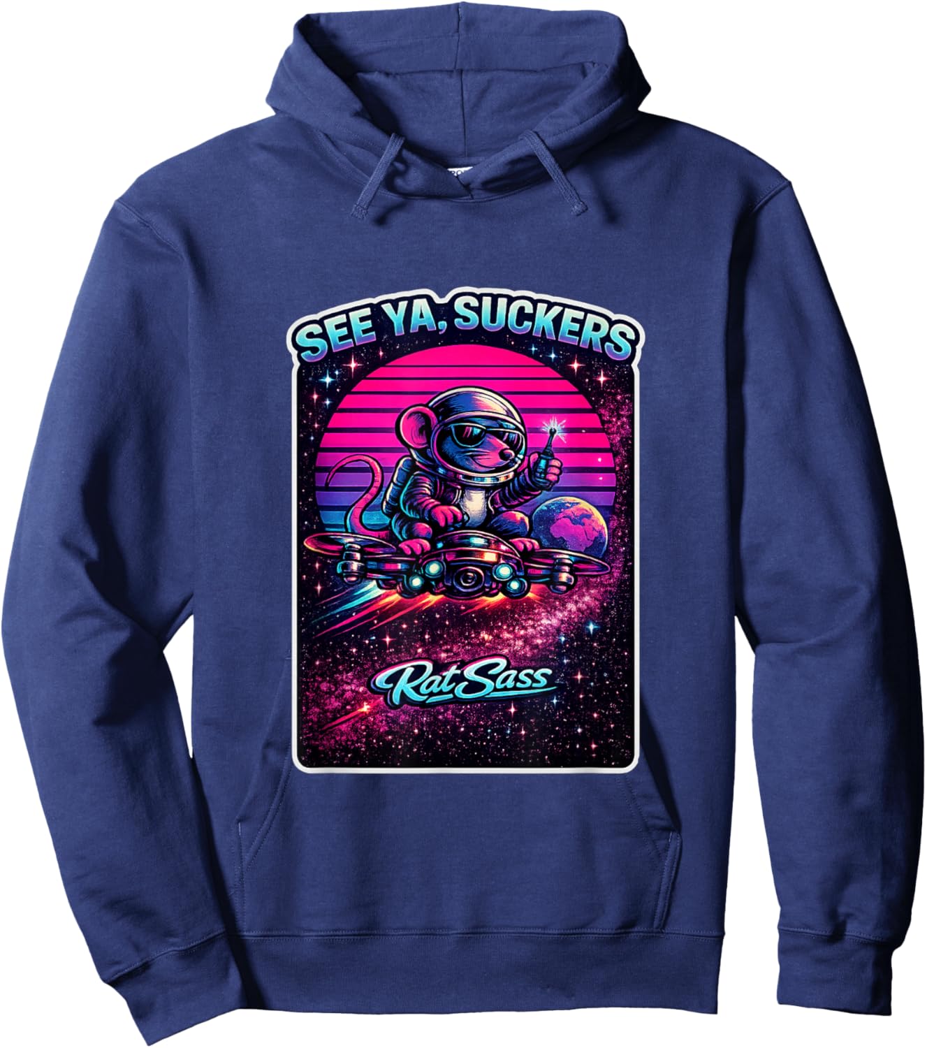 Space Escape Cartoon Rat Astronaut Drone Retro Sci-Fi Humor Hoodie - Hoodie | Navy