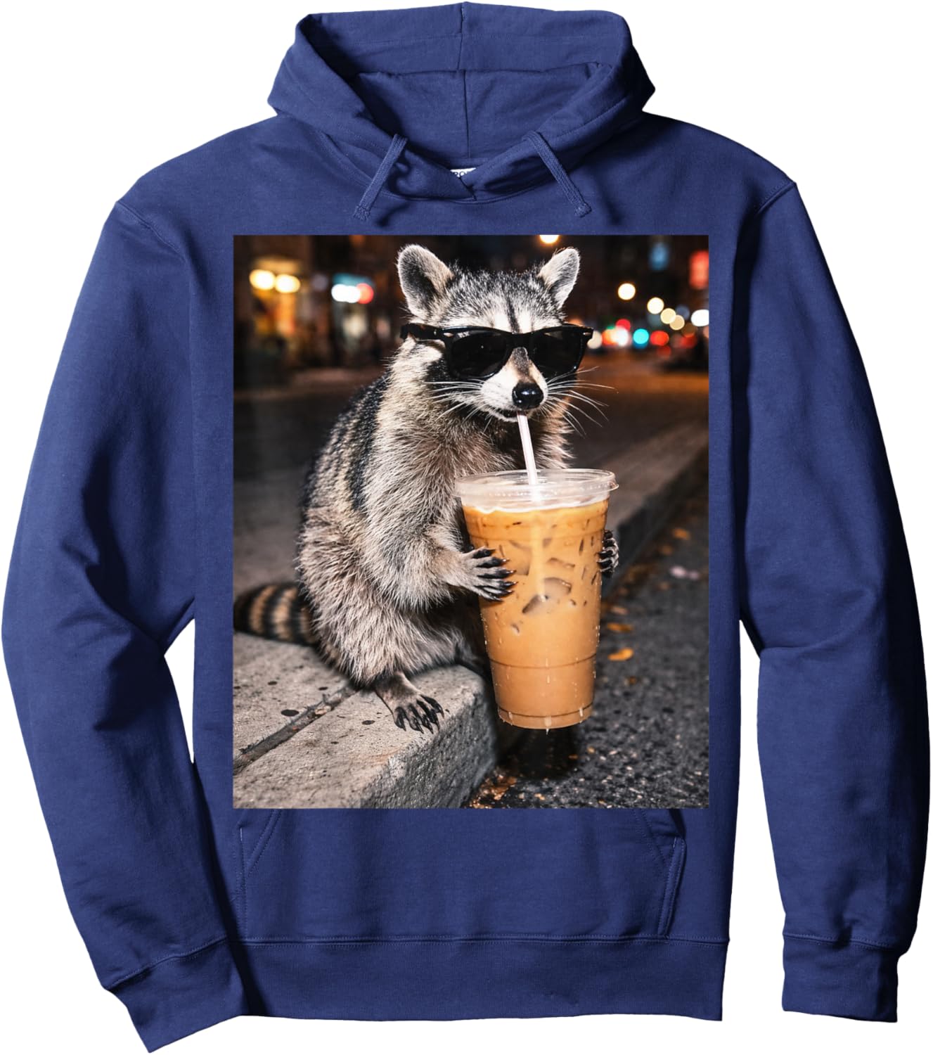 Funny Raccoon Drinking Iced Coffee Animal Meme Hoodie - Hoodie | Navy