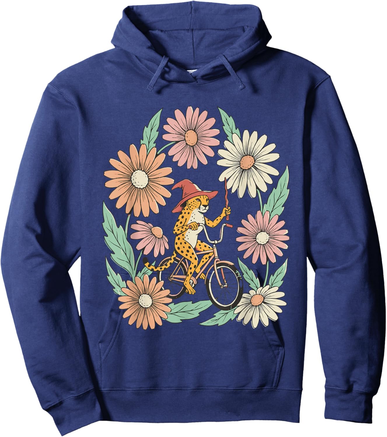 Vintage Cheetah Witch Riding Bicycle Floral Hoodie - Hoodie | Navy