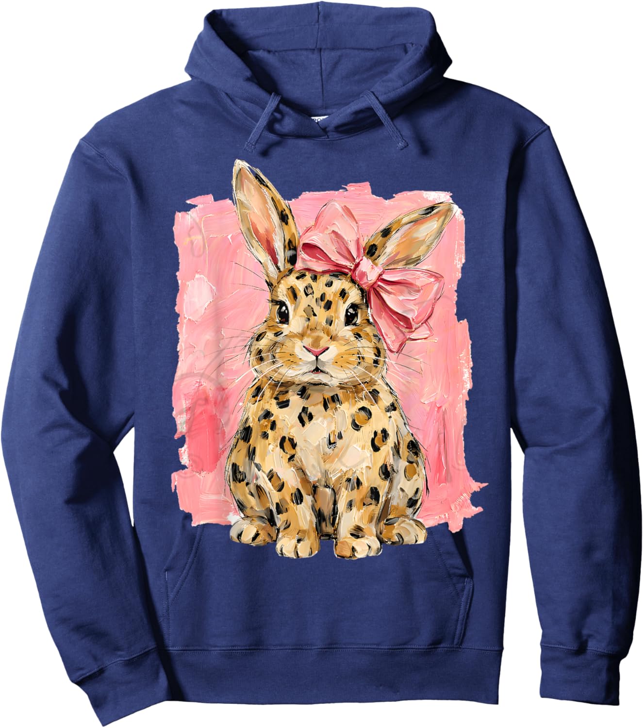 Leopard Print Bunny with Pink Bow Cute Spring Easter Day Hoodie - Hoodie | Navy