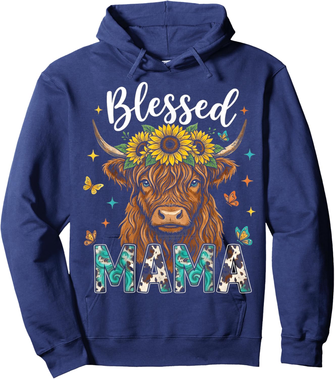Mothers Day Blessed Mama Highland Cow Sunflowers Country Mom Hoodie - Hoodie | Navy