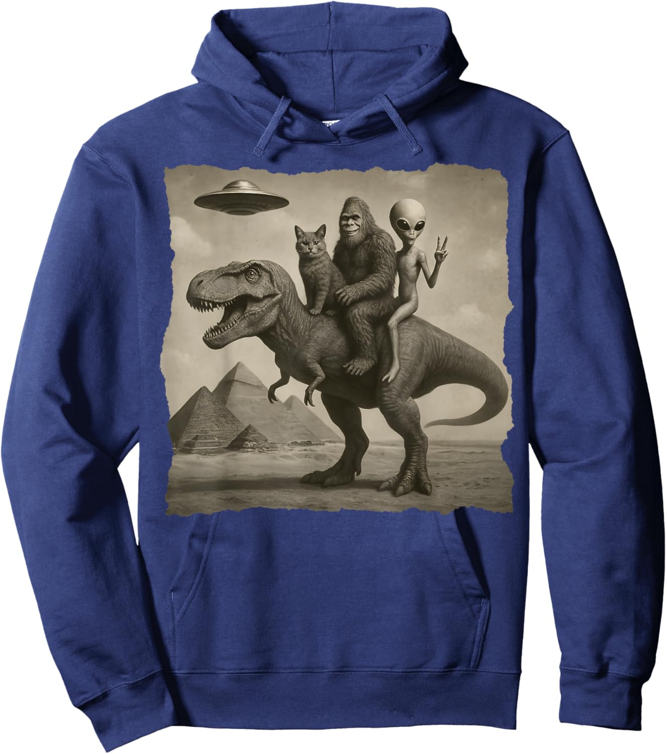 Cat with Alien and Bigfoot Riding a T-Rex at Giza Pyramids Hoodie - Hoodie | Navy