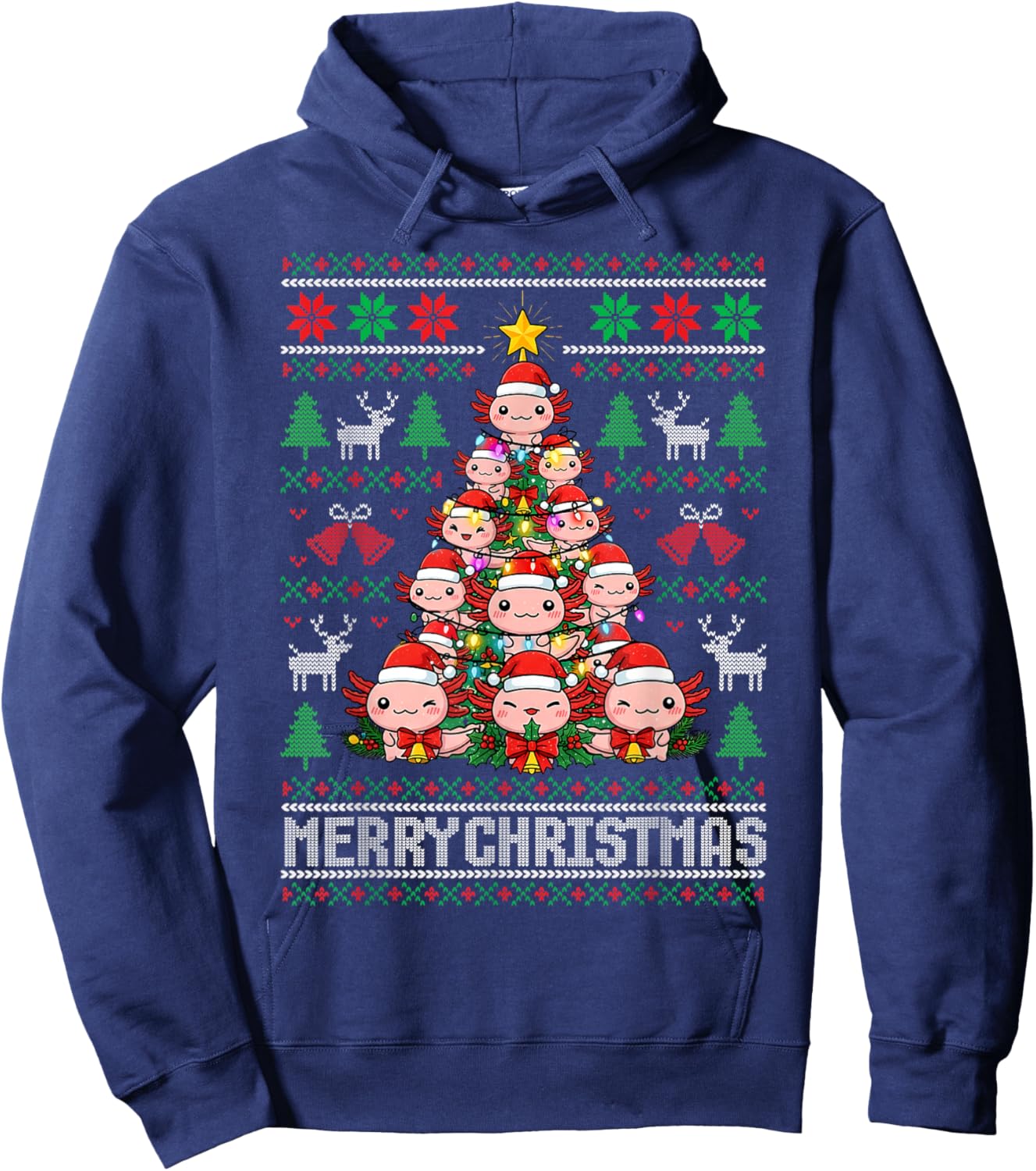 Cute Axolotl Christmas Tree Ugly Sweater Merry Xmas Holiday Hoodie - Hoodie | Navy