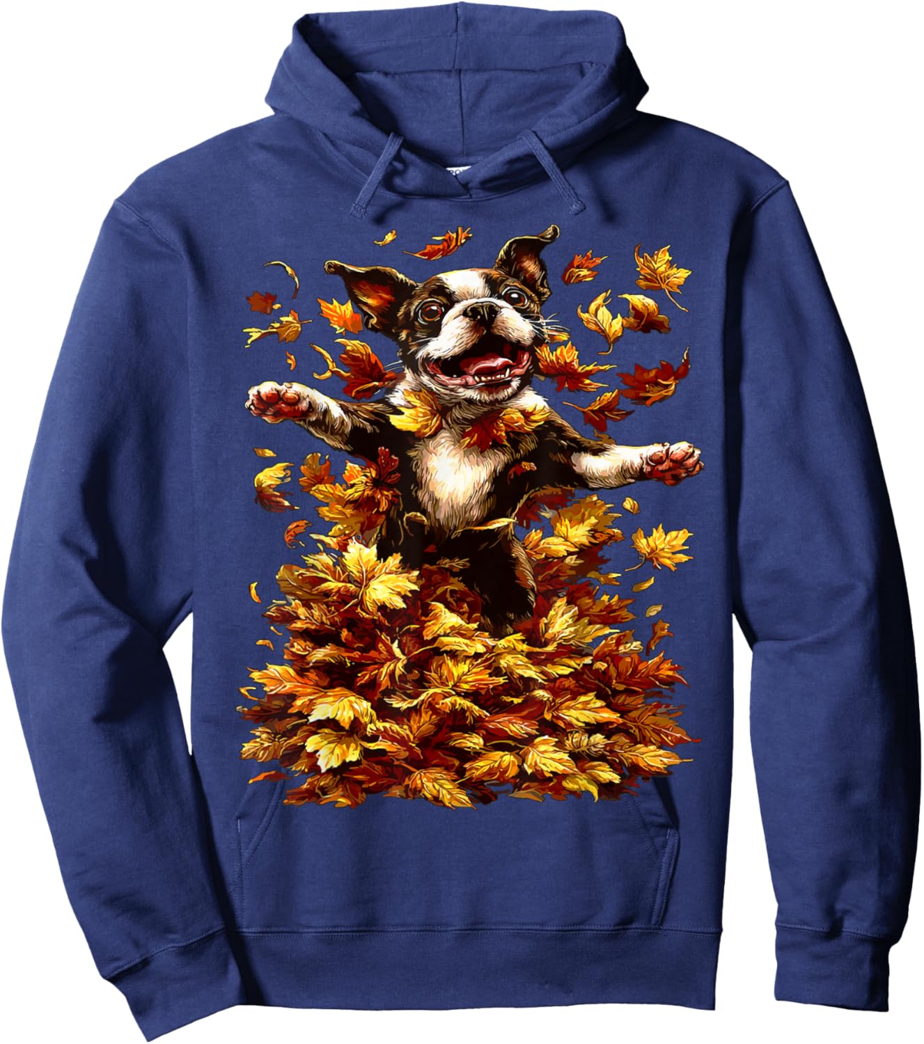 Boston Terrier with Fall Leaves Animal Autumn Aesthetic Dog Hoodie - Hoodie | Navy