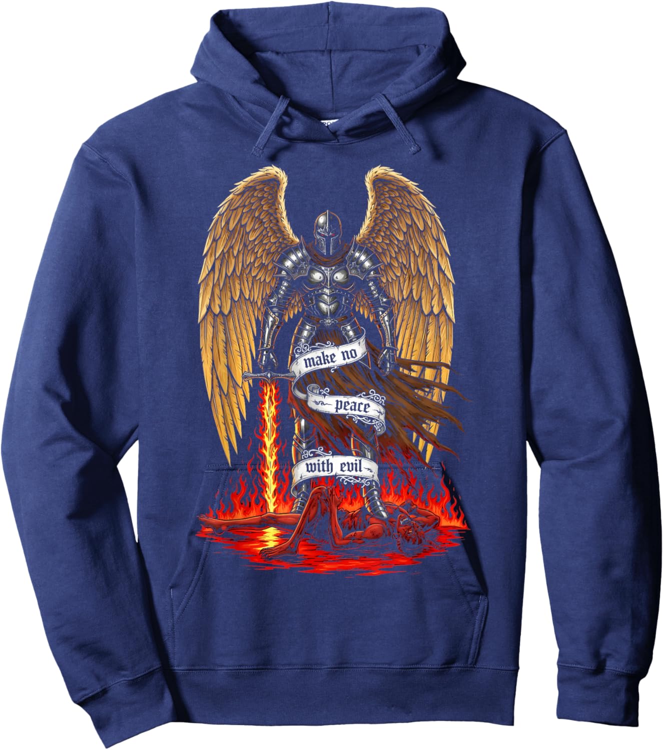 Archangel Michael Faith Design Make No Peace with Evil Hoodie - Hoodie | Navy