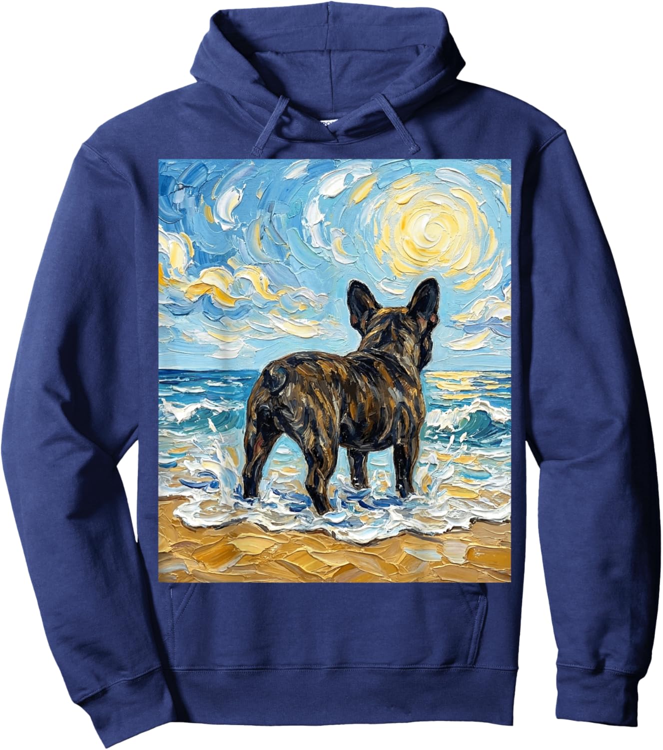 Brindle French Bulldog at The Beach Frenchie Dog Artwork Hoodie - Hoodie | Navy