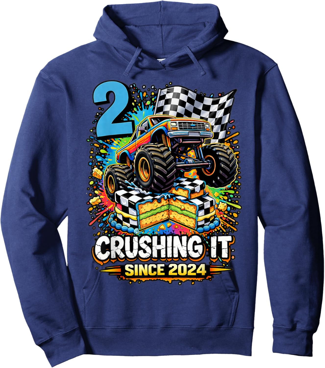 Birthday Monster Truck 2 Year Old Boys 2nd Party Born 2024 Hoodie - Hoodie | Navy