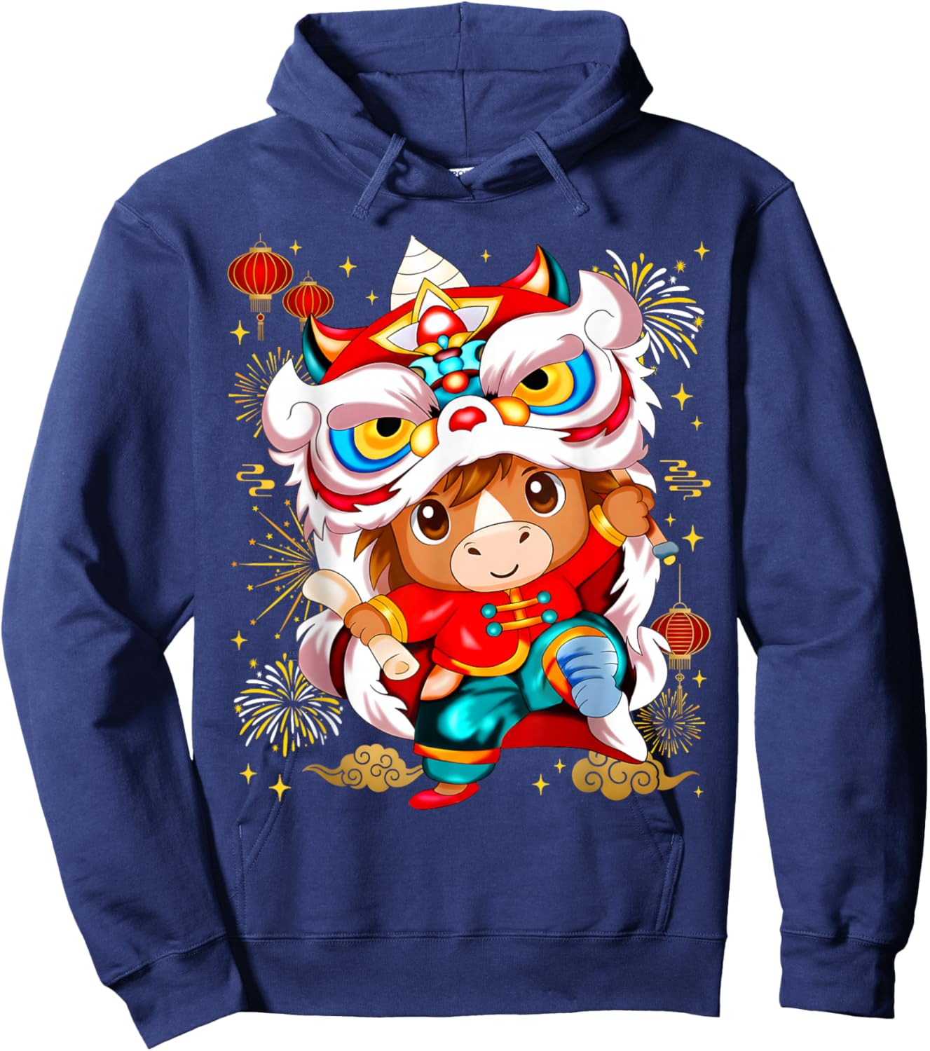 Funny Horse Lion Dance Chinese New Year Kid Men Hoodie - Hoodie | Navy