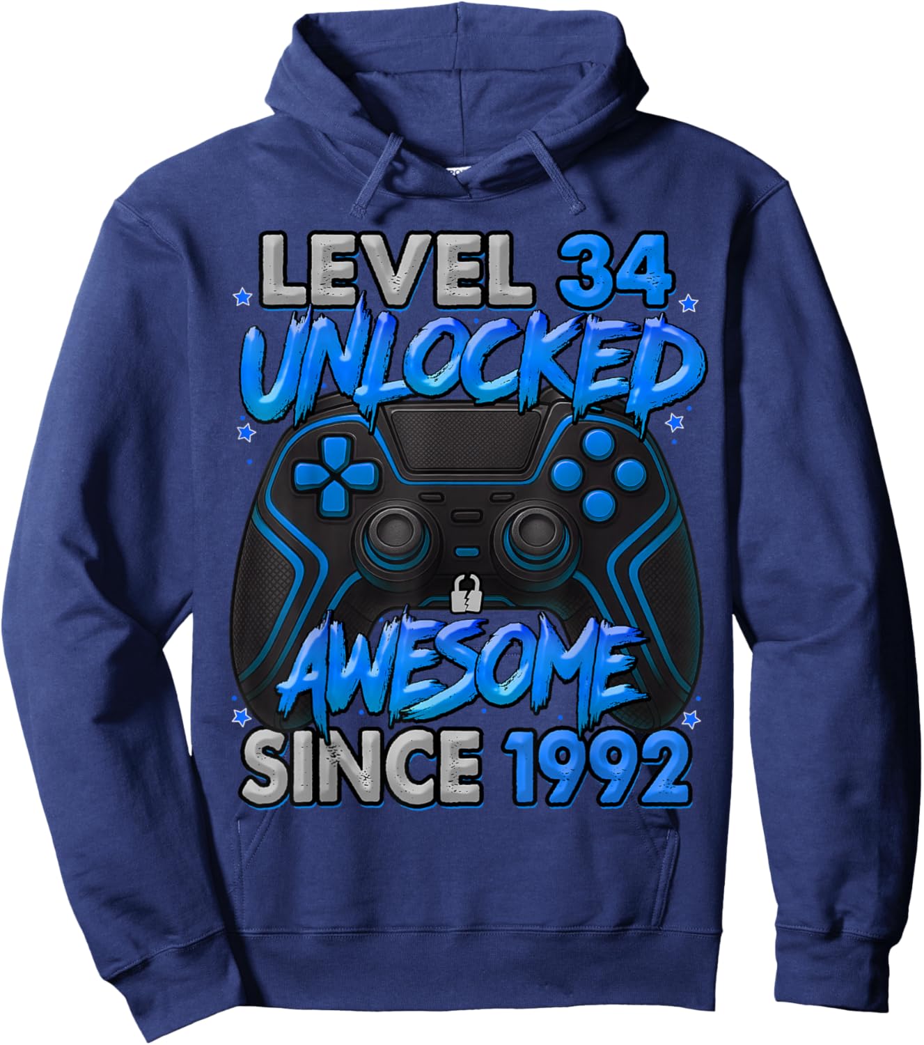 Level 34 Unlocked Awesome Since 1992 34th Birthday Gaming Hoodie - Hoodie | Navy
